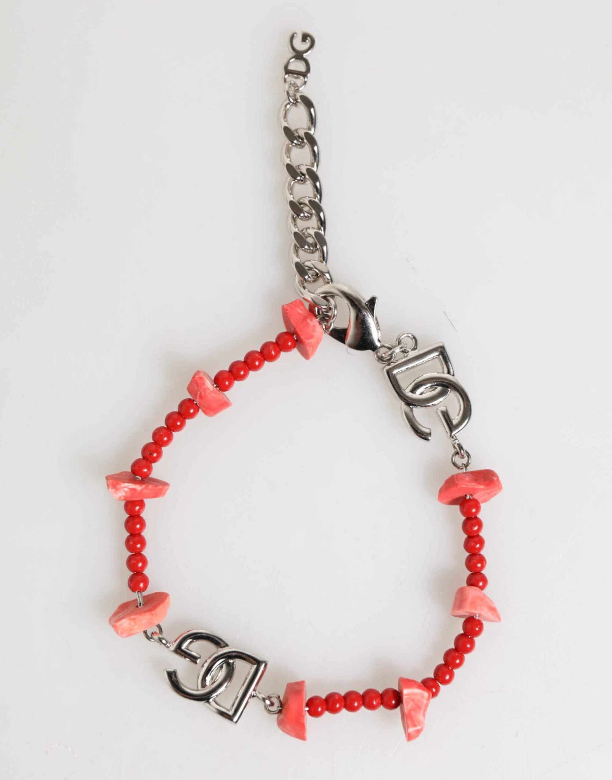Dolce & Gabbana Silver Tone Brass Beaded Resin DG Logo Chain Men Bracelet