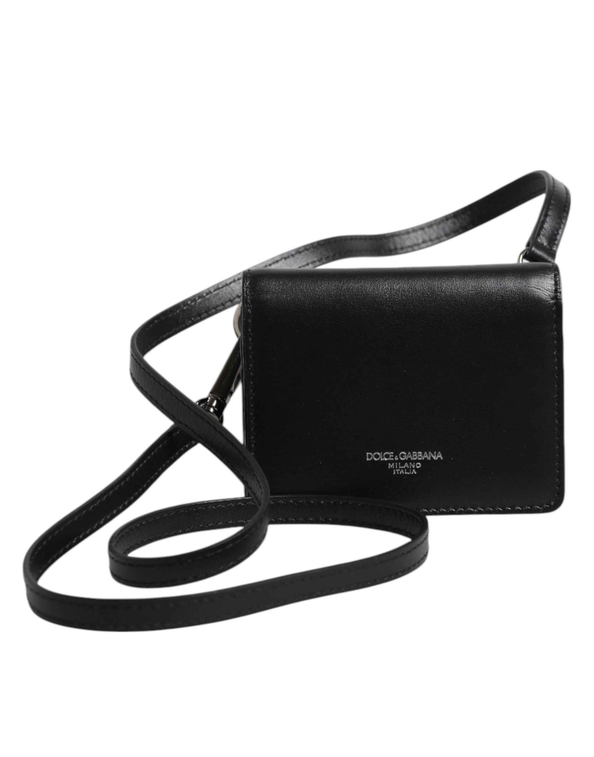 Dolce & Gabbana Black Leather Bifold Card Holder Crossbody Men Borse Bag