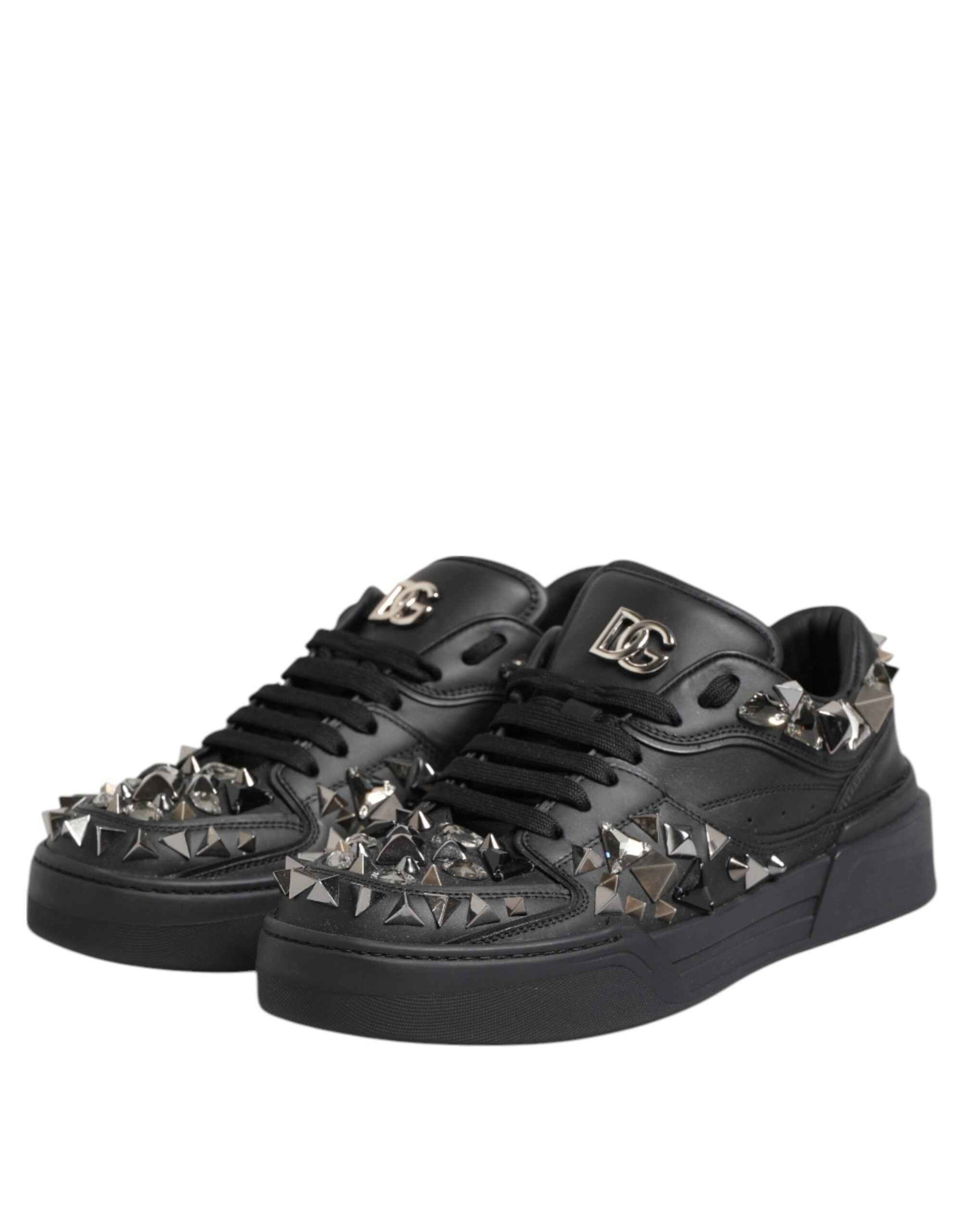 Dolce & Gabbana Black Leather Studded Low Top Sneakers Shoes