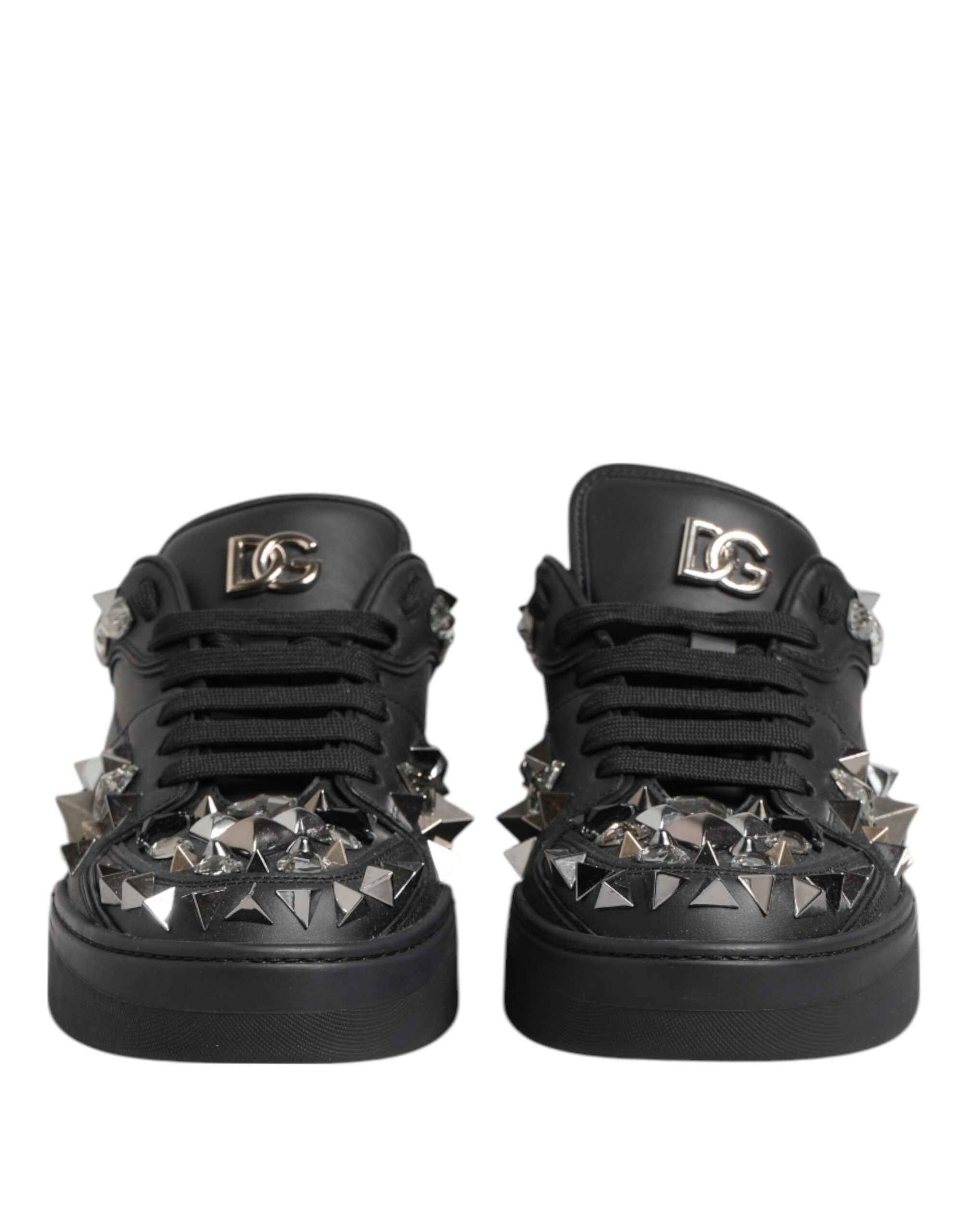 Dolce & Gabbana Black Leather Studded Low Top Sneakers Shoes