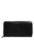 Dolce & Gabbana Black Calfskin Leather Logo Zip Around Continental Wallet