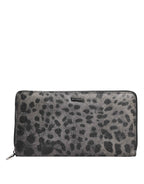 Dolce & Gabbana Black Gray Leopard Leather Zip Around Continental Wallet