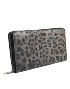 Dolce & Gabbana Black Gray Leopard Leather Zip Around Continental Wallet