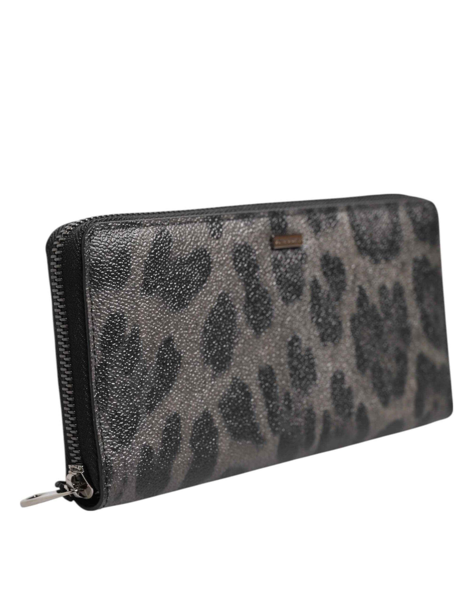 Dolce & Gabbana Black Gray Leopard Leather Zip Around Continental Wallet