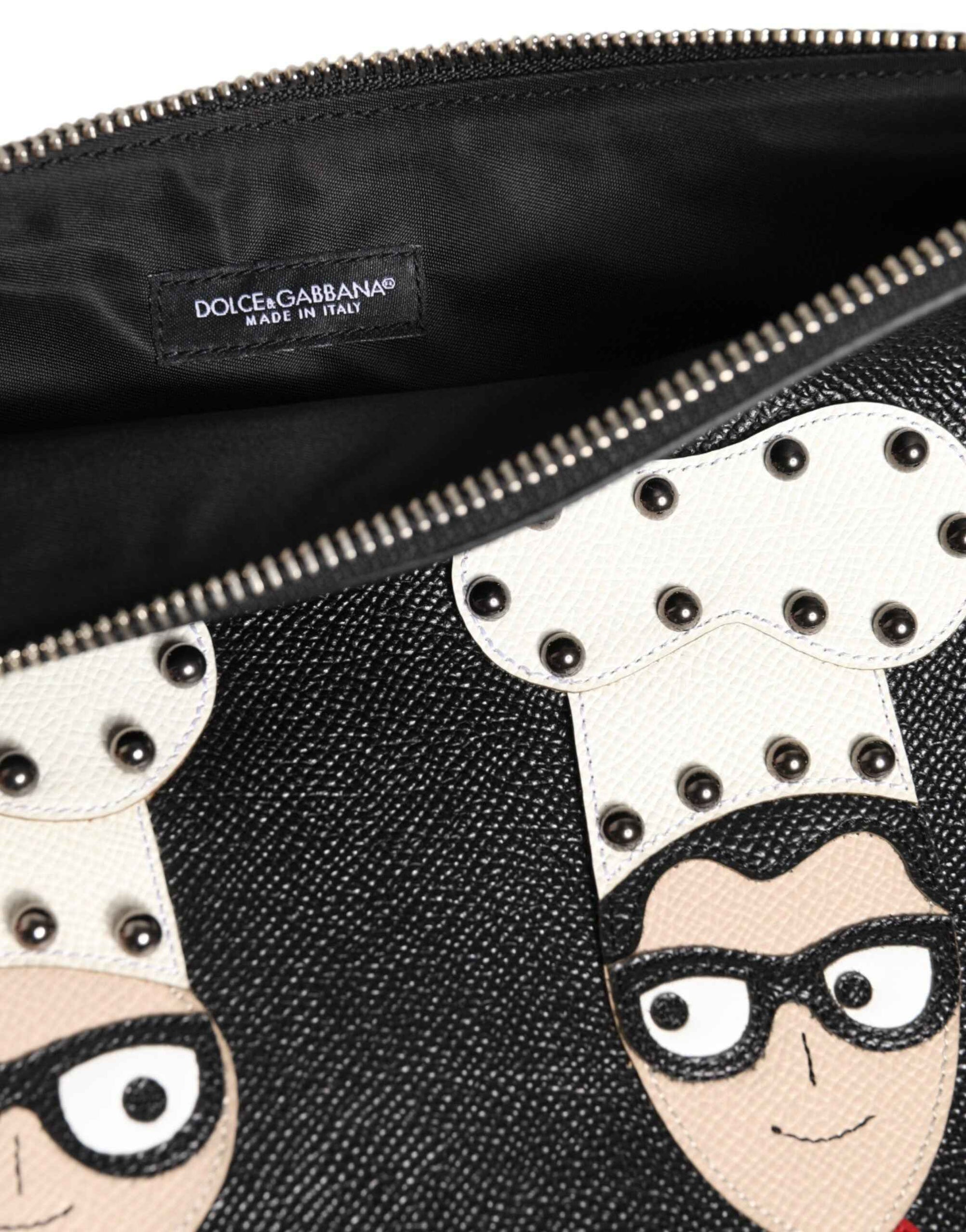 Dolce & Gabbana Black Leather #DGFAMILY Embellished Men Clutch Pouch Bag