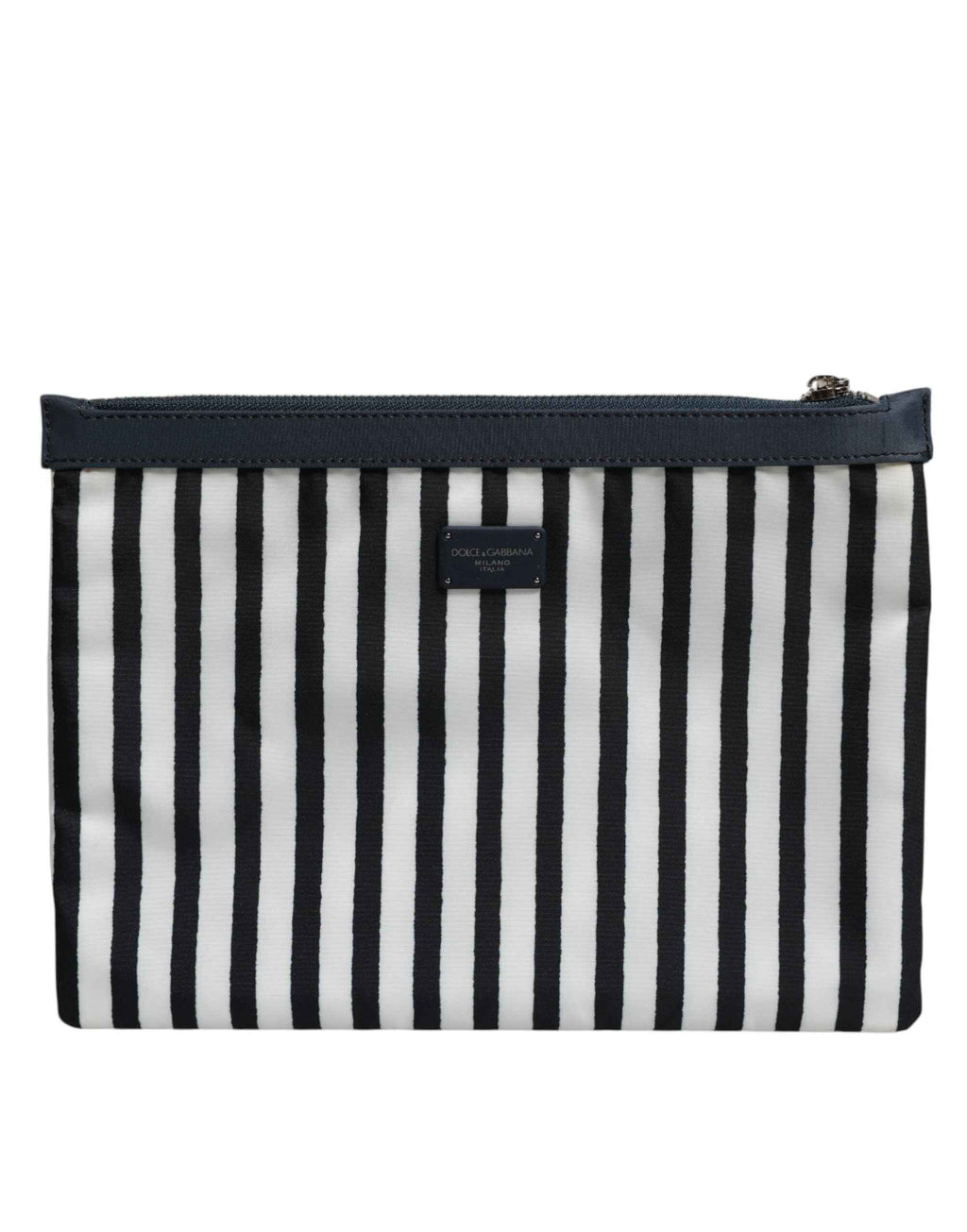 Dolce & Gabbana Black White Striped Logo Plaque Clutch Pouch Bag