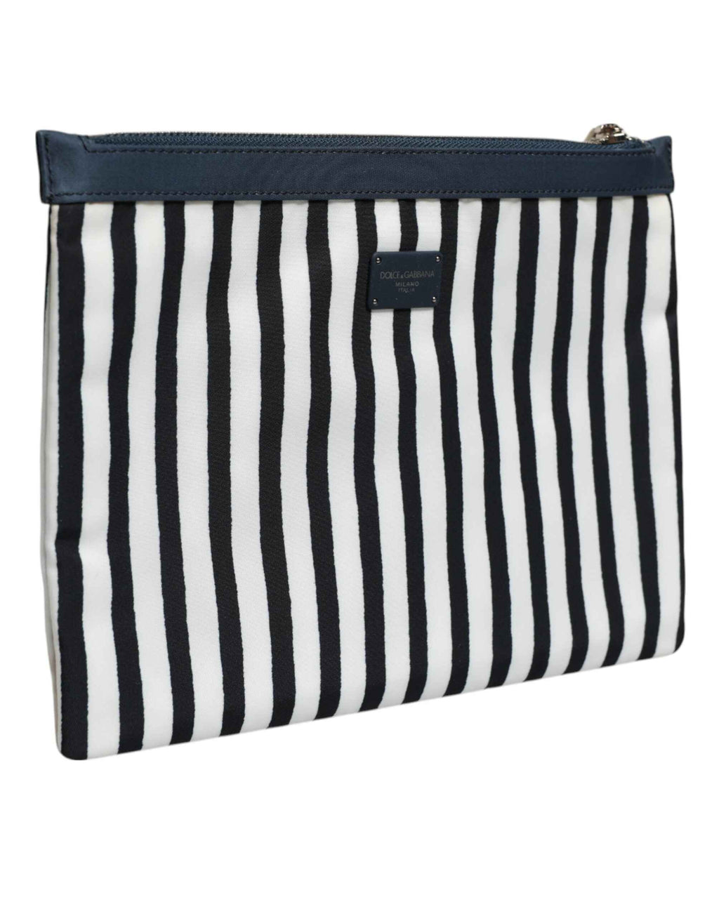 Dolce & Gabbana Black White Striped Logo Plaque Clutch Pouch Bag