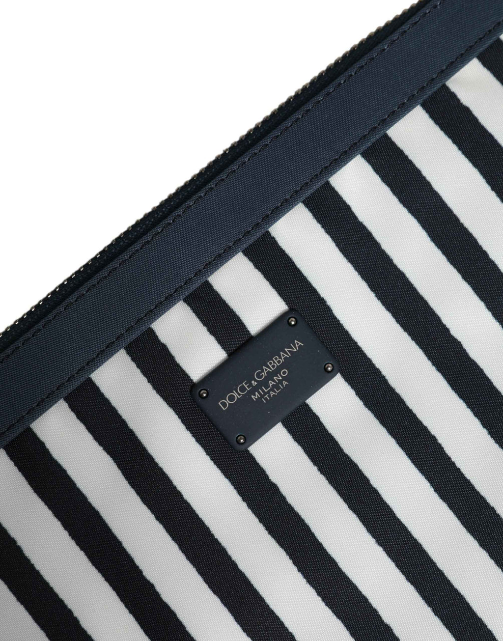 Dolce & Gabbana Black White Striped Logo Plaque Clutch Pouch Bag