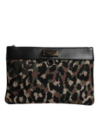 Dolce & Gabbana Multicolor Leopard Print Jacquard Logo Plaque Pouch Bag