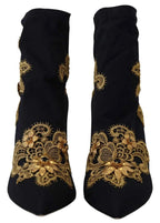 Dolce & Gabbana Black Gold Embroidery Crystal Boots Shoes