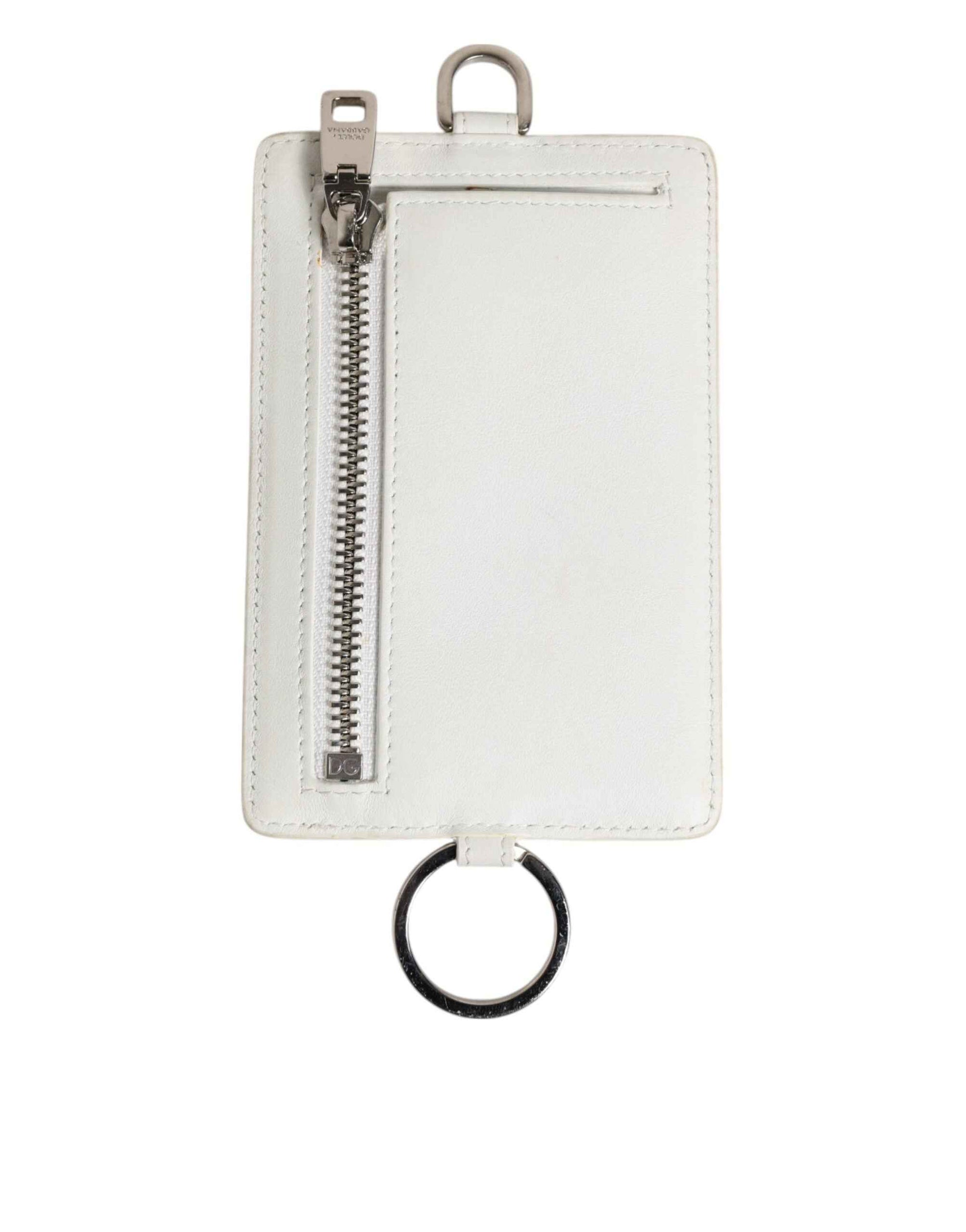 Dolce & Gabbana White Calf Leather Lanyard Logo Card Holder Men Wallet