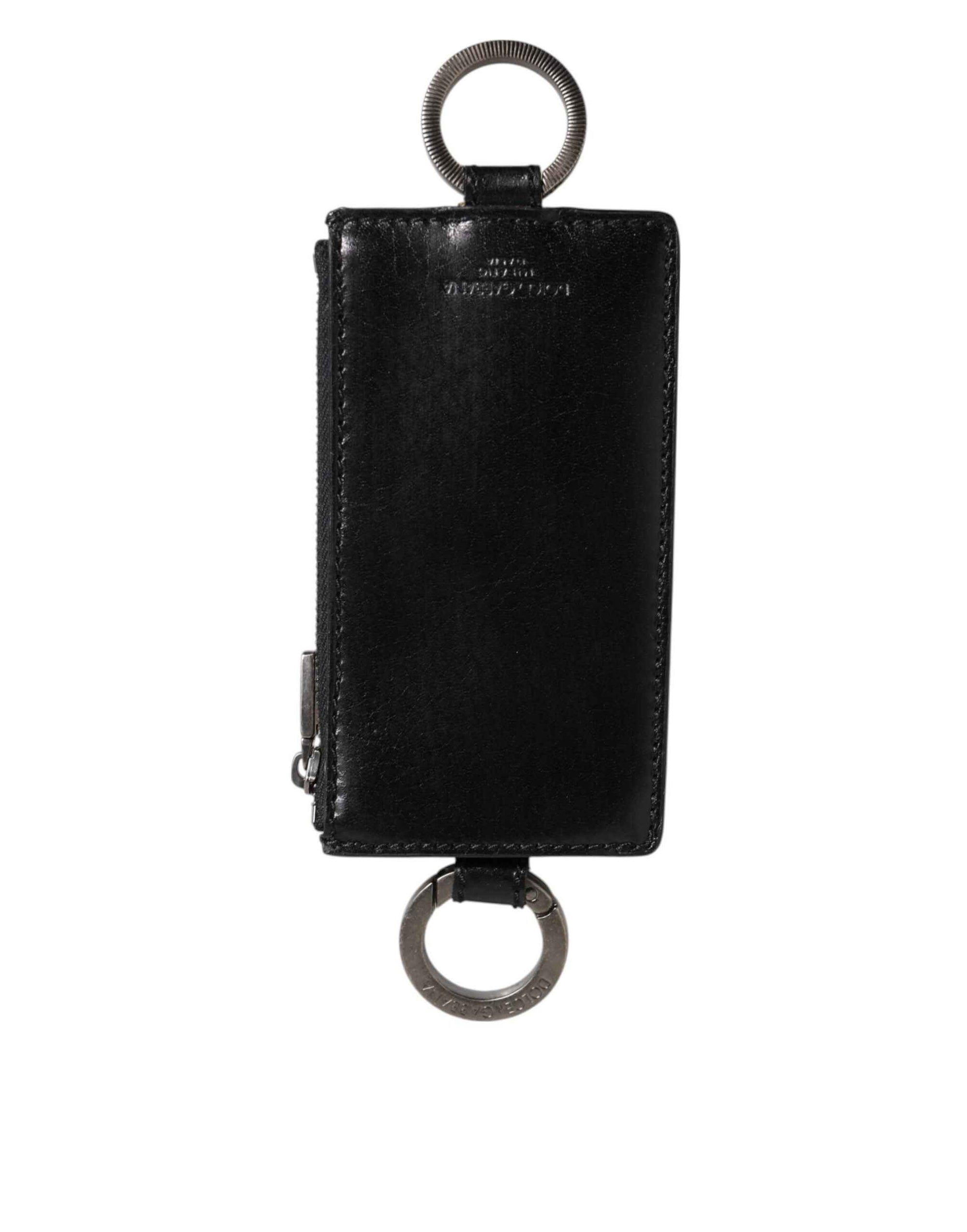 Dolce & Gabbana Black Leather Logo Embossed Lanyard Card Holde Wallet