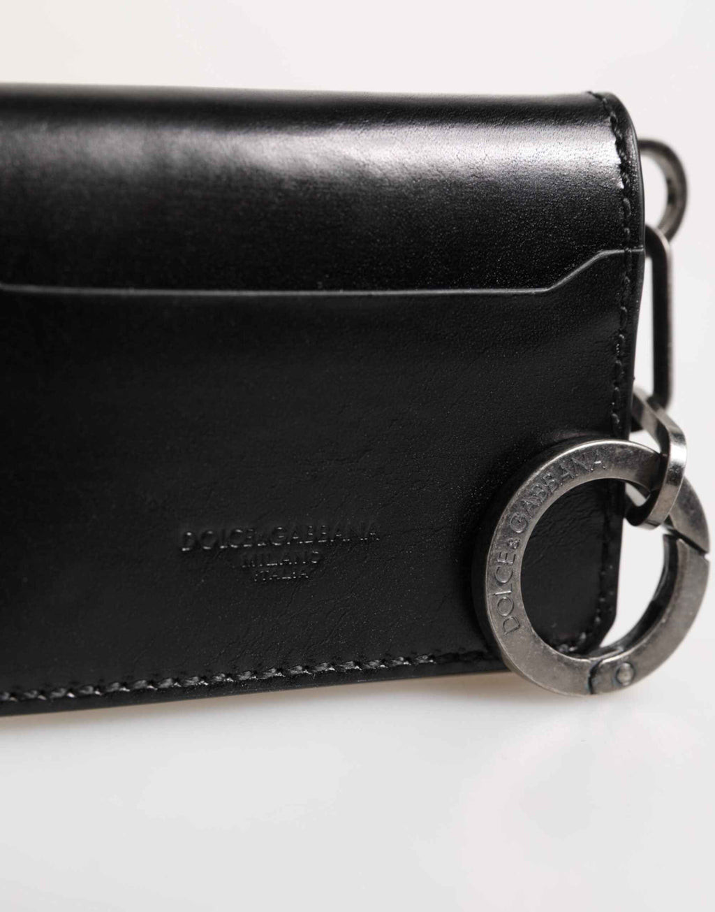 Dolce & Gabbana Wallet Black Leather Logo Embossed Key Chain Card Holder Wallet