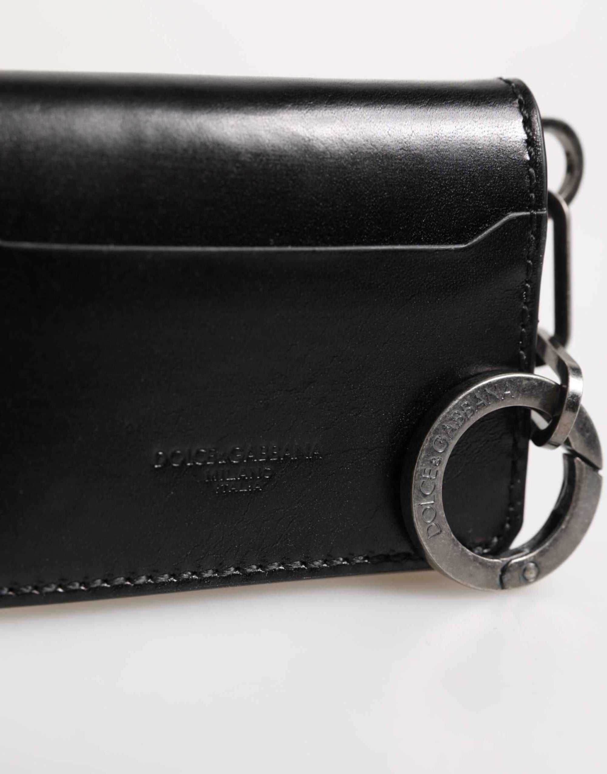 Dolce & Gabbana Wallet Black Leather Logo Embossed Key Chain Card Holder Wallet