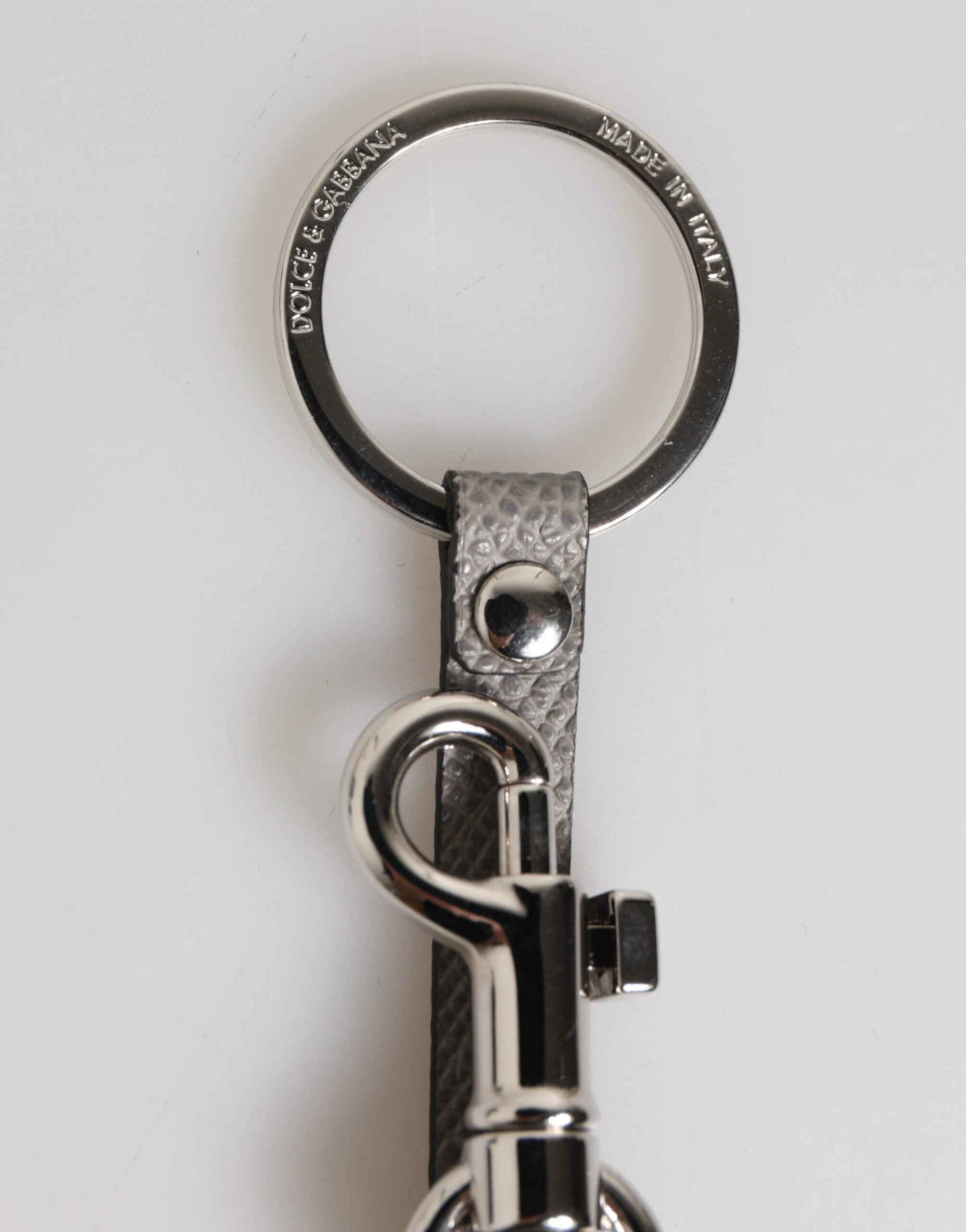 Dolce & Gabbana Gray Leather Logo Metal Ring Keychain Holder Men Keyring