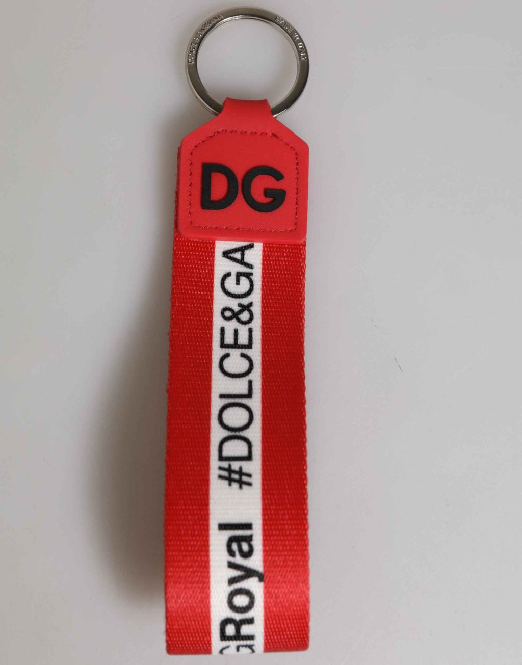 Dolce & Gabbana Red Logo Polyester Silver Brass Holder Keychain Men Keyring