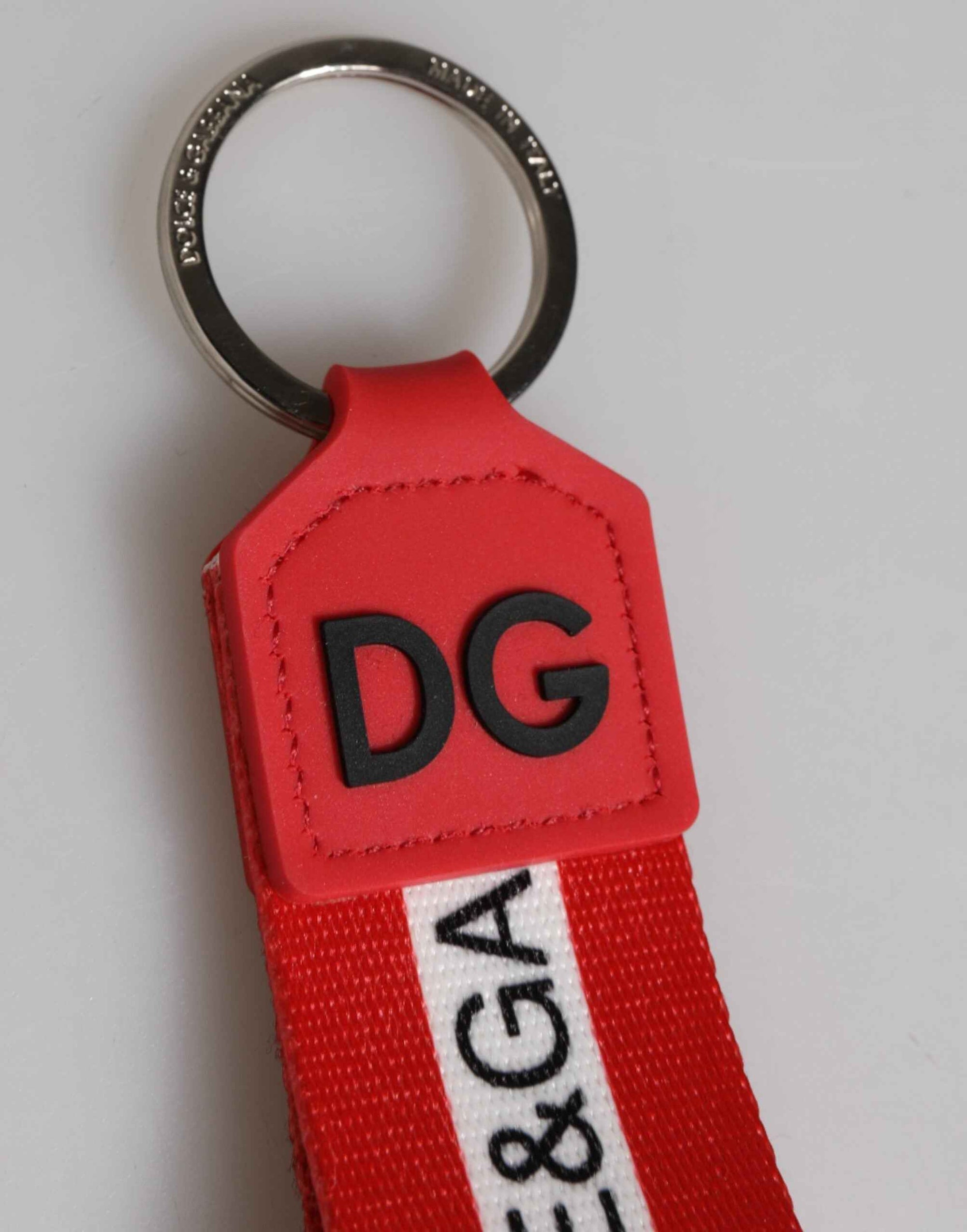 Dolce & Gabbana Red Logo Polyester Silver Brass Holder Keychain Men Keyring