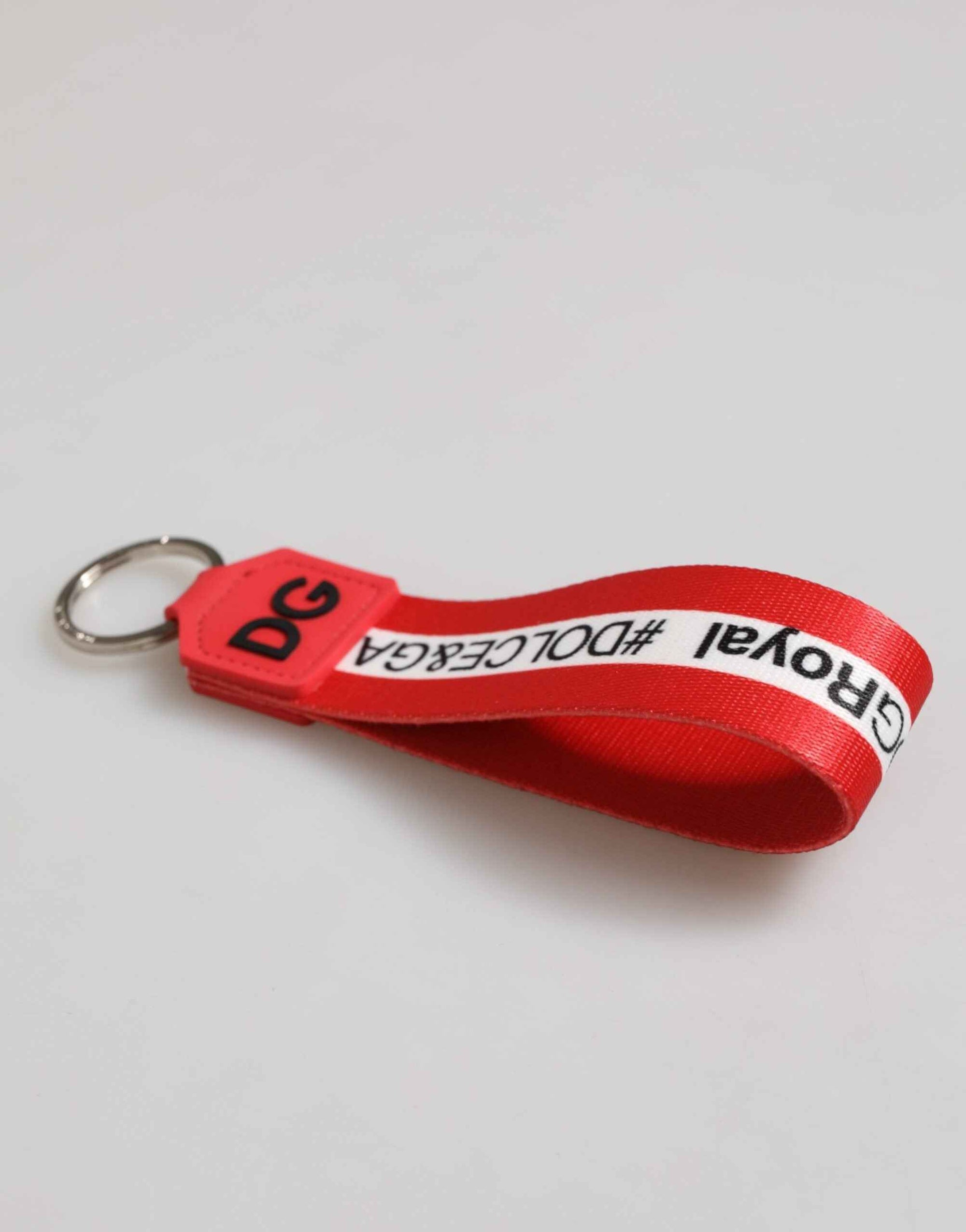 Dolce & Gabbana Red Logo Polyester Silver Brass Holder Keychain Men Keyring