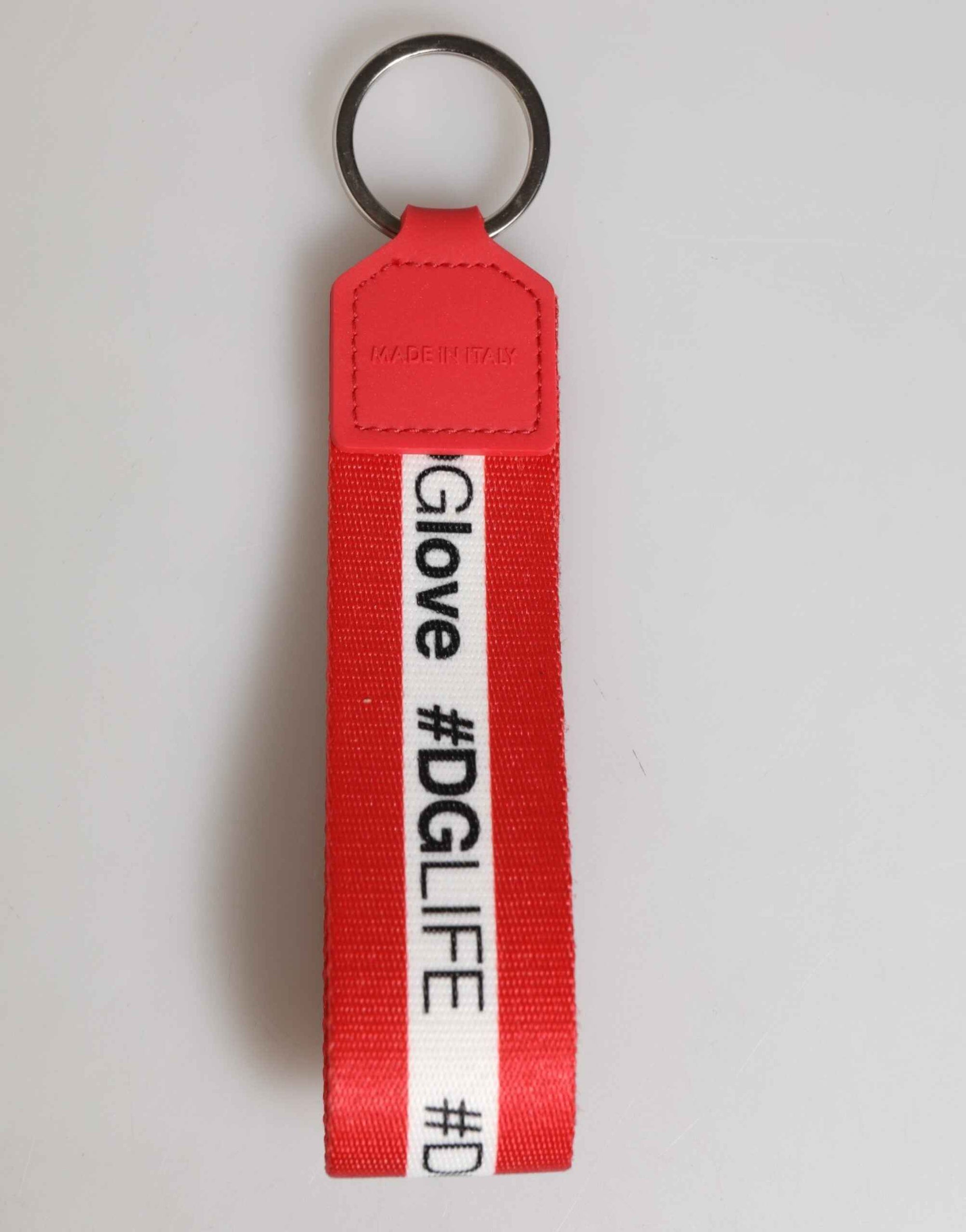 Dolce & Gabbana Red Logo Polyester Silver Brass Holder Keychain Men Keyring