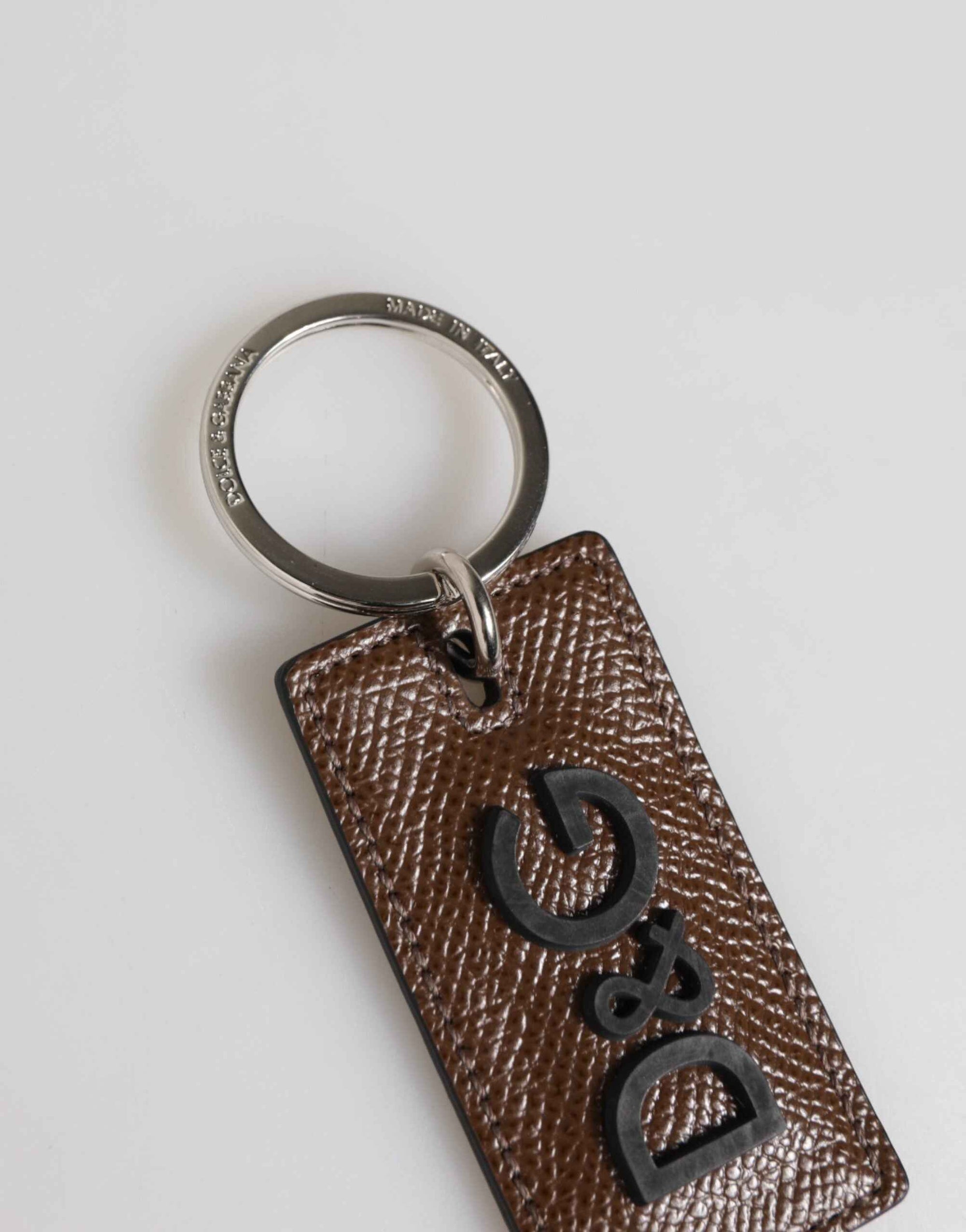 Dolce & Gabbana Dark Brown Leather Logo Metal Ring Keychain Holder Keyring