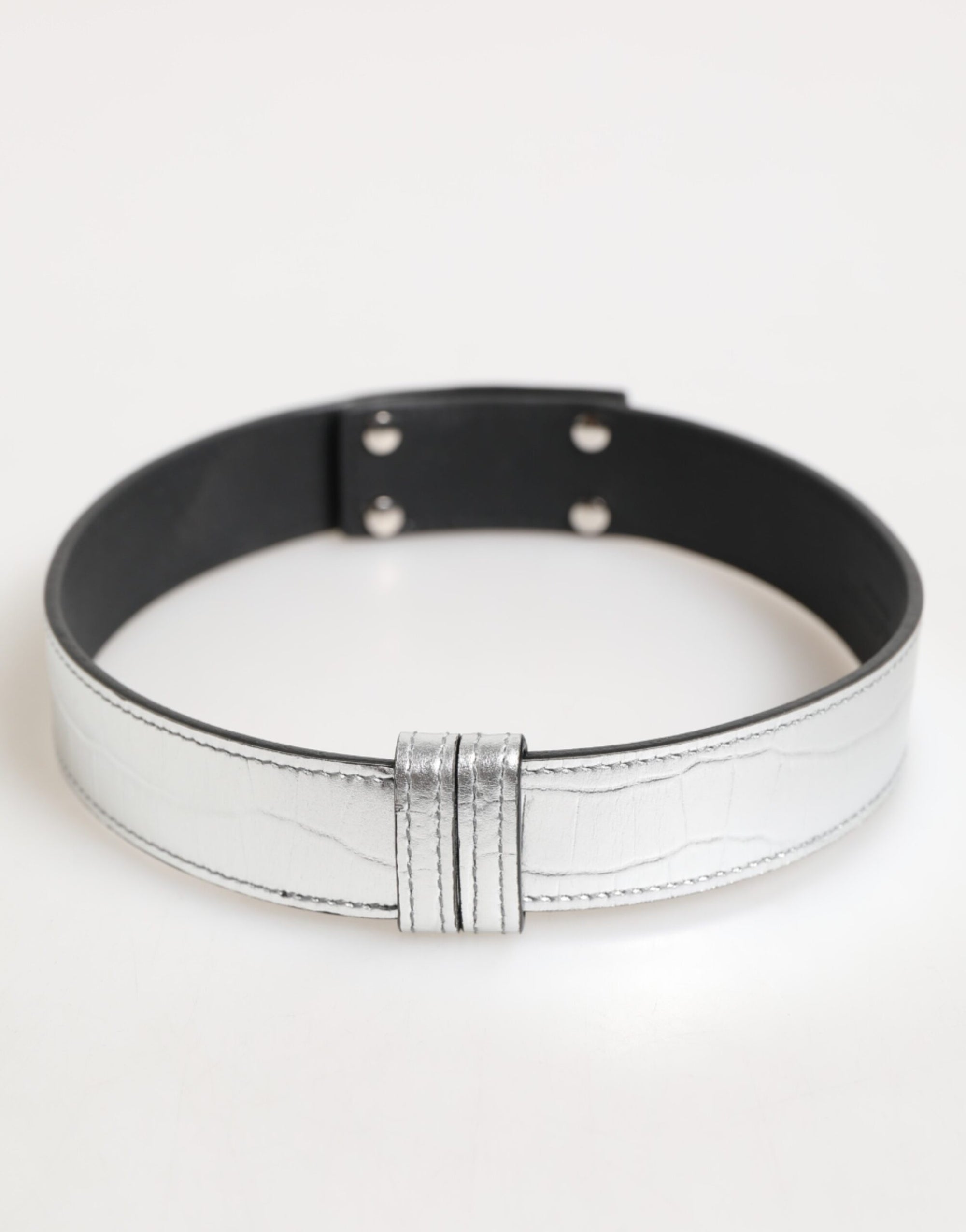 Dolce & Gabbana Silver Textured Leather Gold Tone Metal Neckband