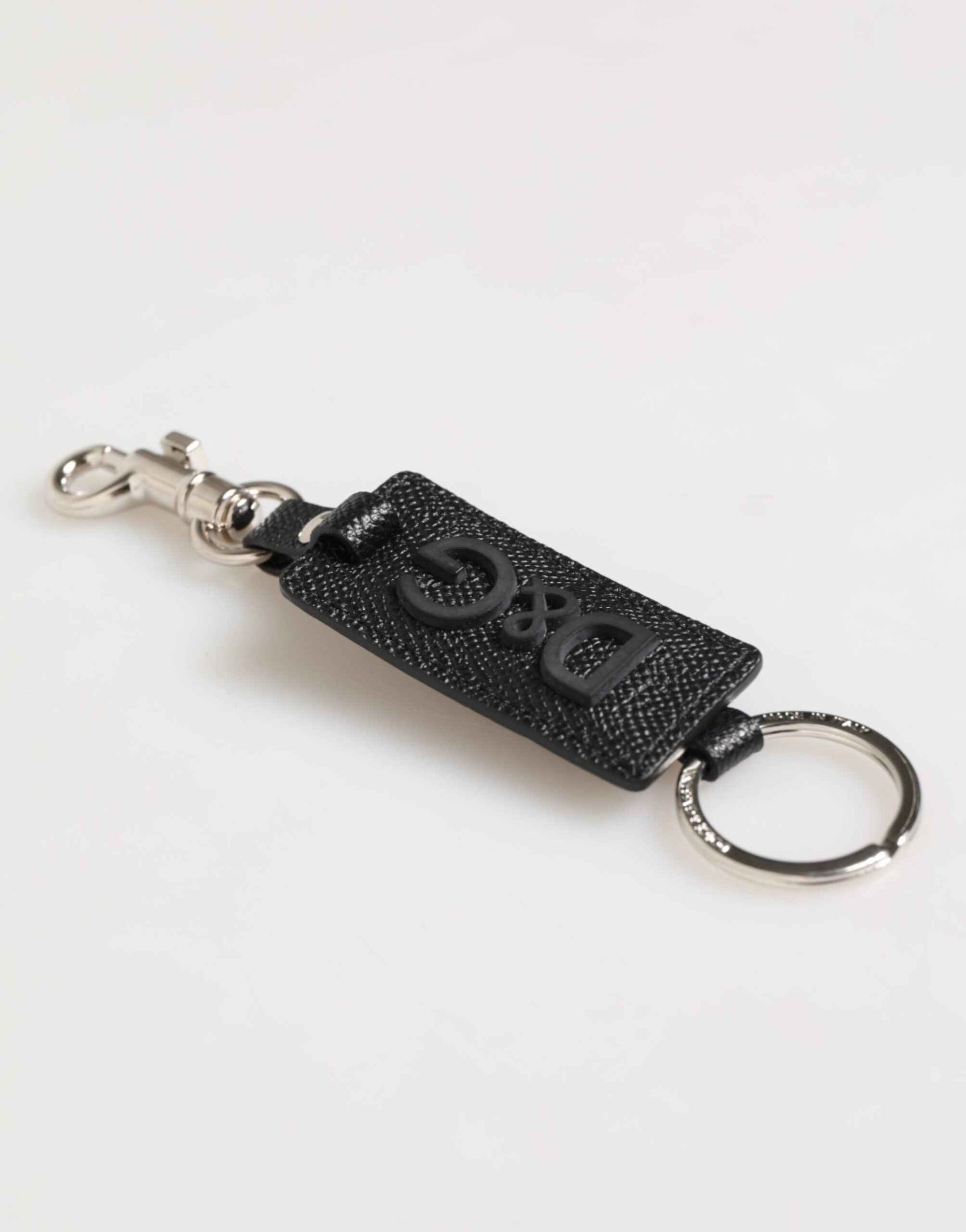 Dolce & Gabbana Black Leather Logo Metal Ring Keychain Holder Keyring