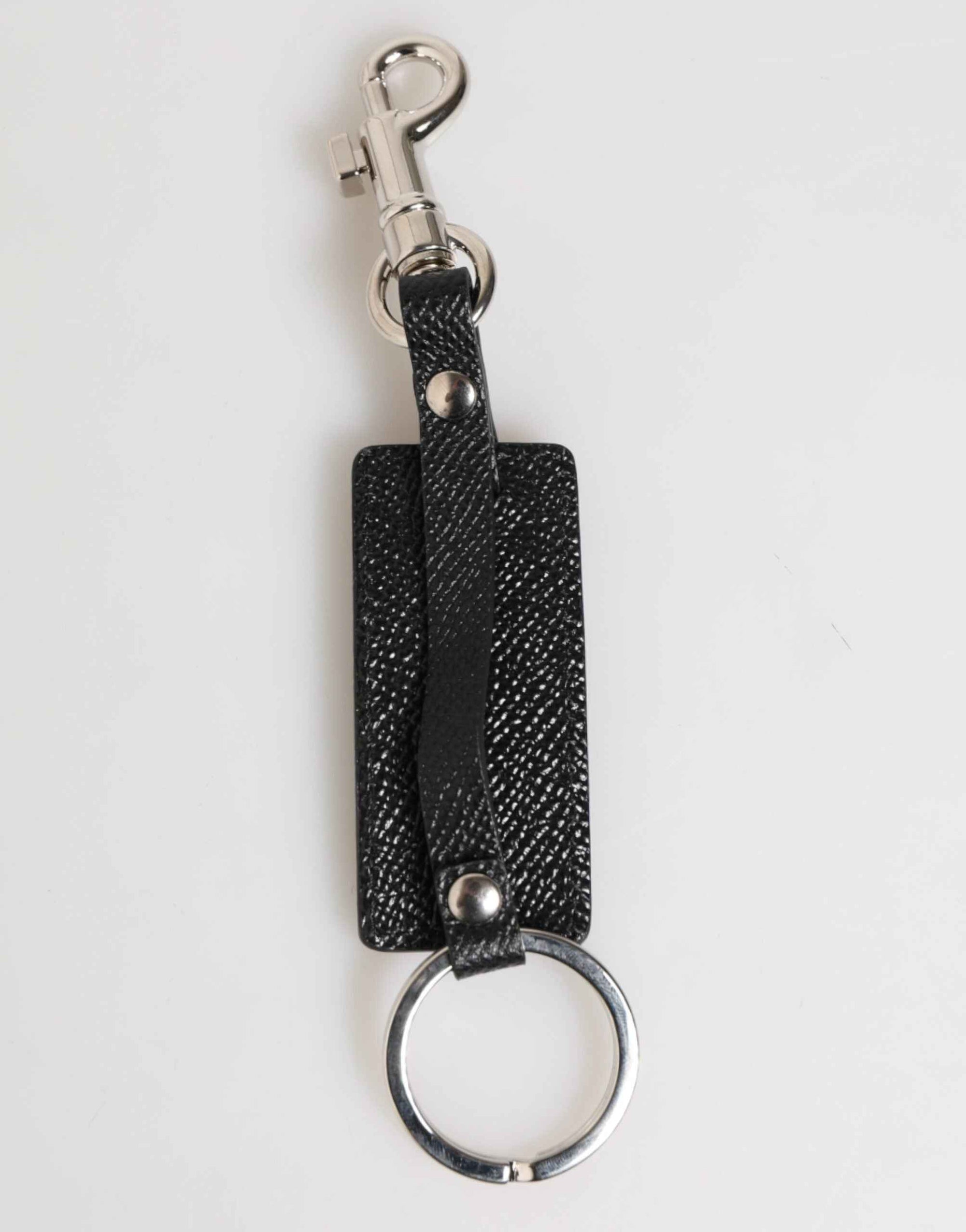 Dolce & Gabbana Black Leather Logo Metal Ring Keychain Holder Keyring