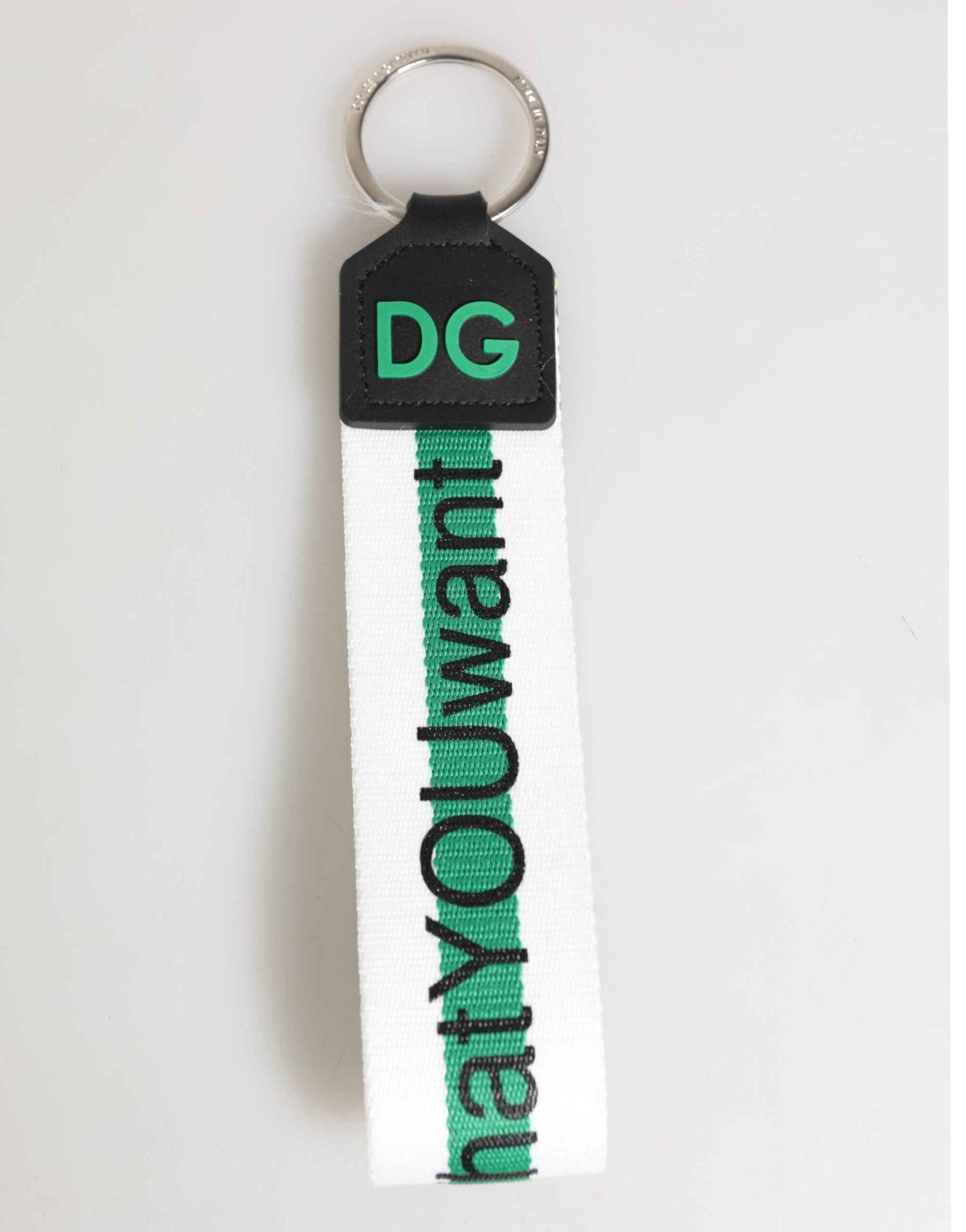 Dolce & Gabbana Green Logo Polyester Silver Brass Holder Keychain Keyring