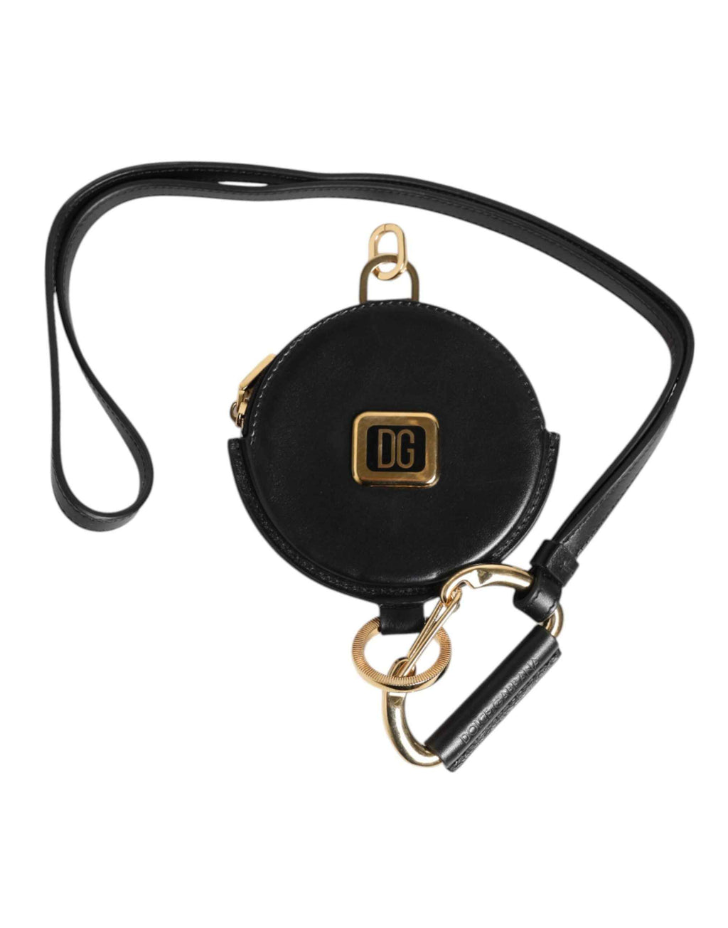 Dolce & Gabbana Black Round Leather DG Logo Coin Purse Lanyard Wallet