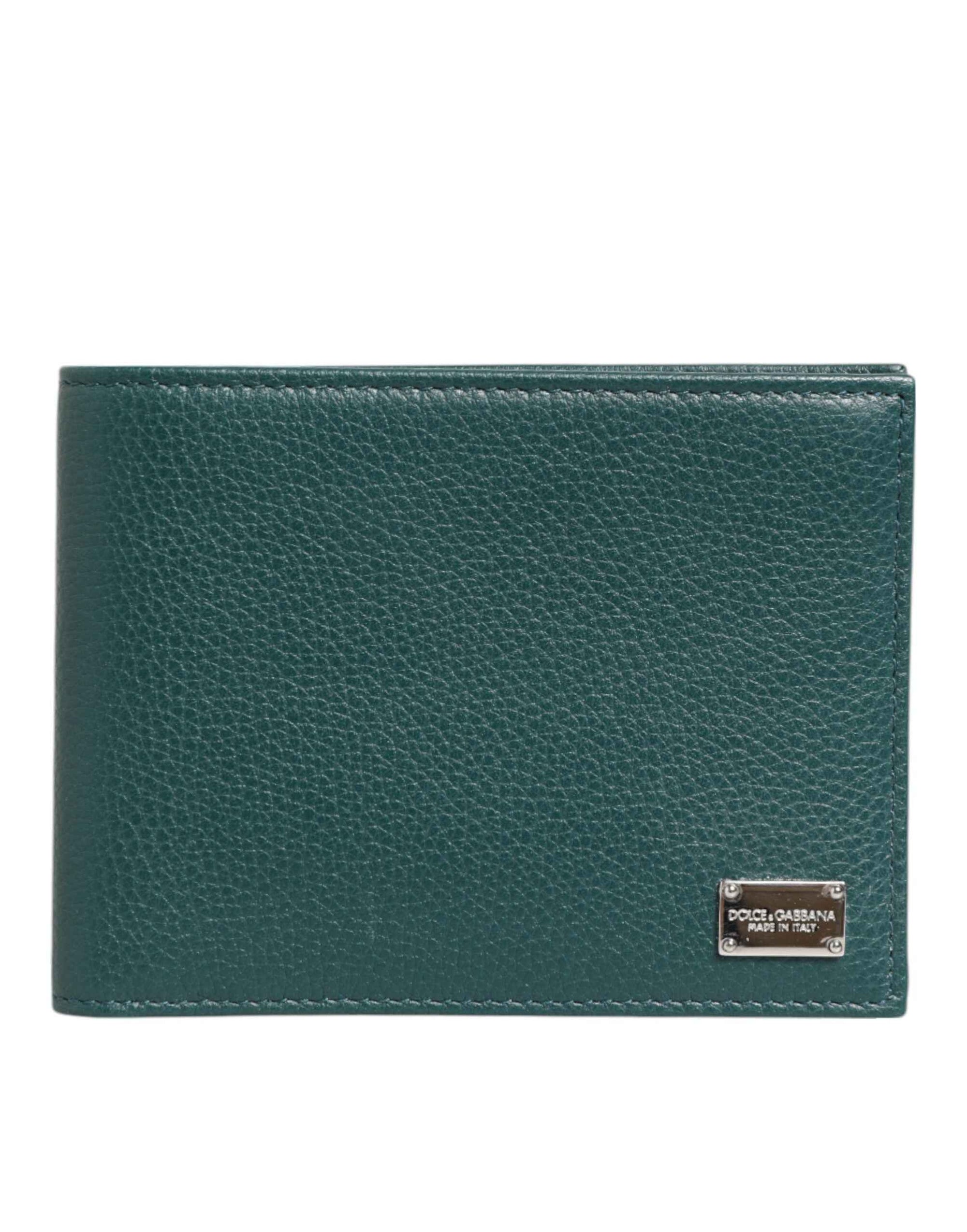 Dolce & Gabbana Green Leather DG Logo Plaque Bifold Card Holder Wallet
