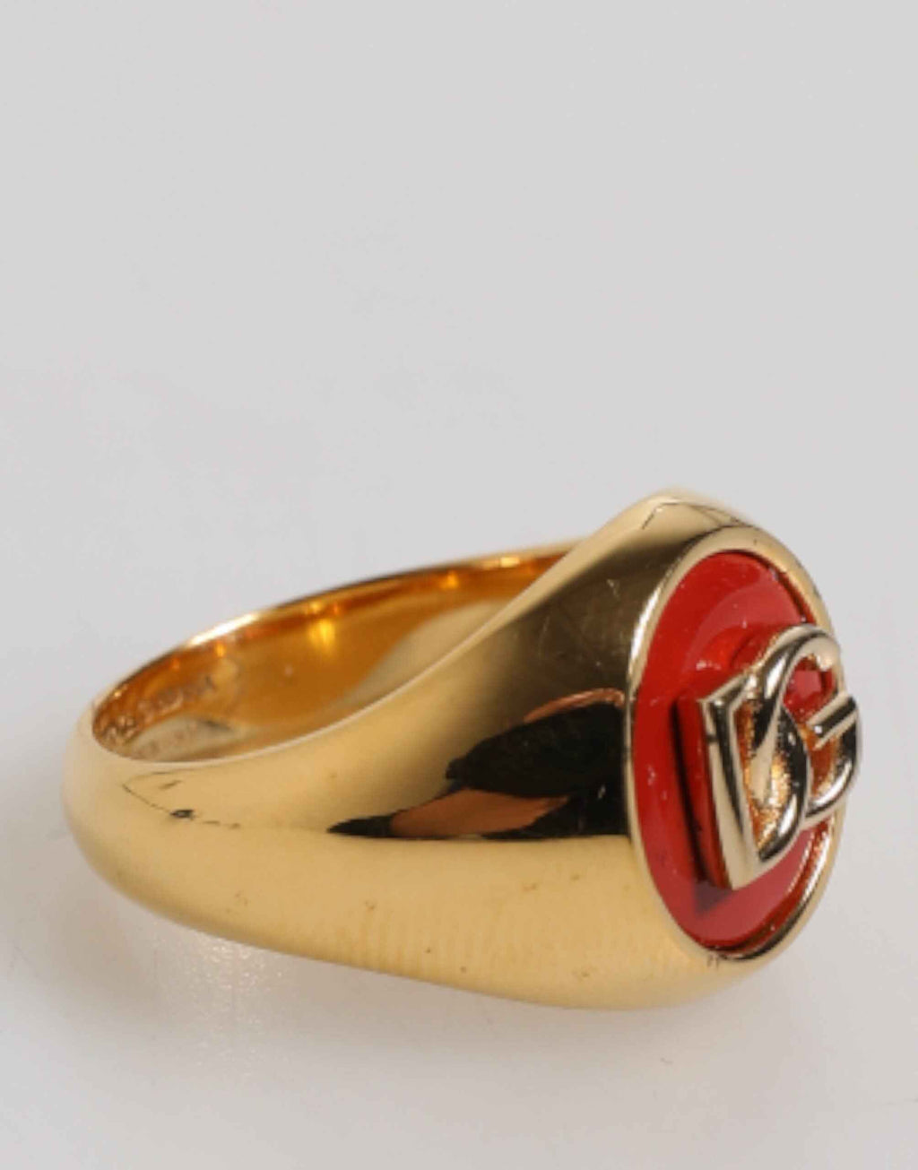 Dolce & Gabbana Gold Tone Real Brass Round Red DG Logo Men Ring