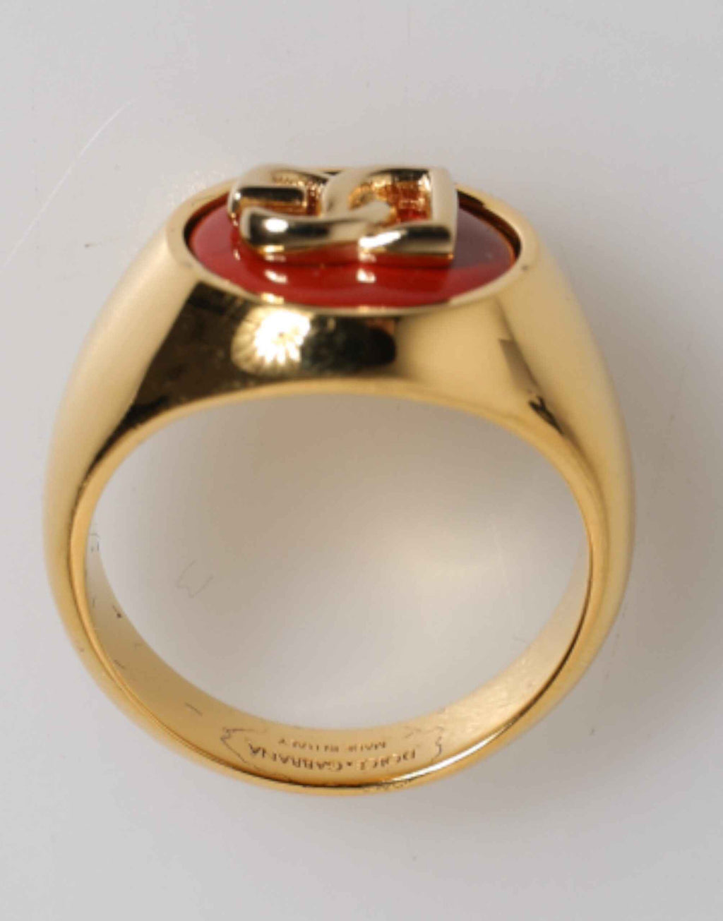 Dolce & Gabbana Gold Tone Real Brass Round Red DG Logo Men Ring