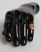 Dolce & Gabbana Gold Tone Real Brass Round Red DG Logo Men Ring