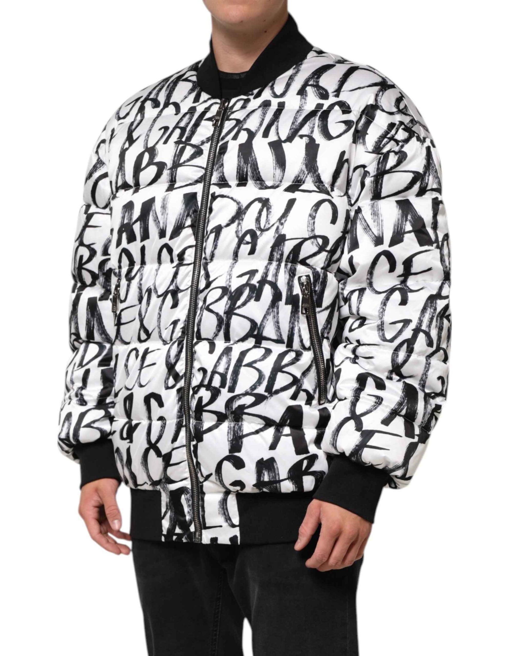 Dolce & Gabbana White Black Graffiti Logo Puffer Bomber Jacket