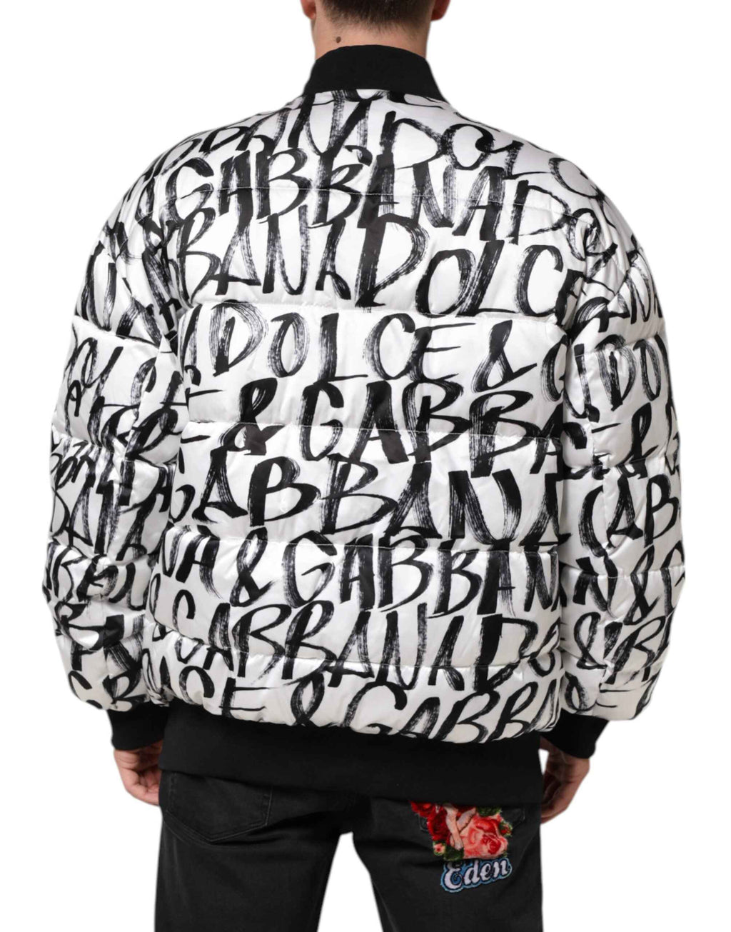 Dolce & Gabbana White Black Graffiti Logo Puffer Bomber Jacket