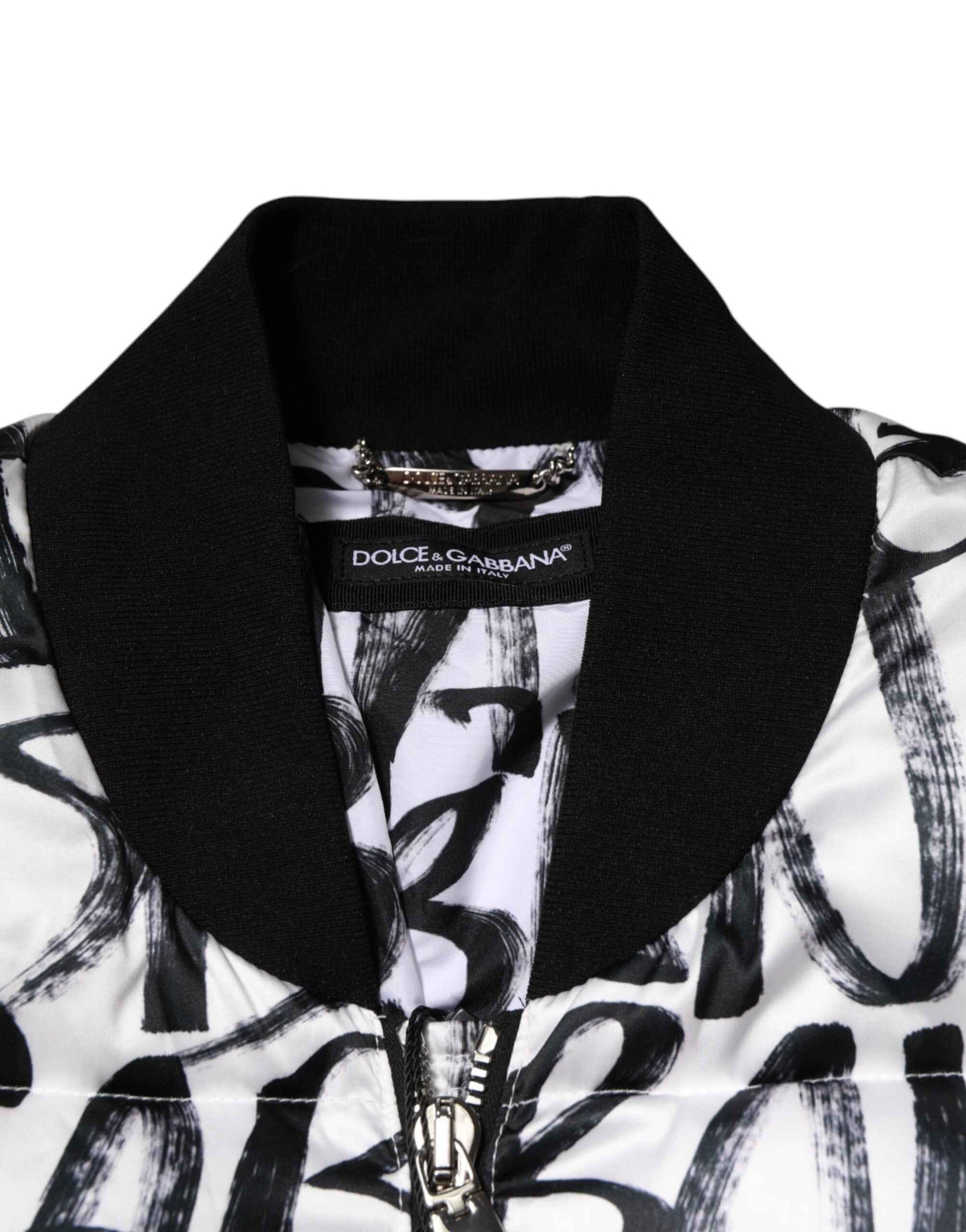 Dolce & Gabbana White Black Graffiti Logo Puffer Bomber Jacket