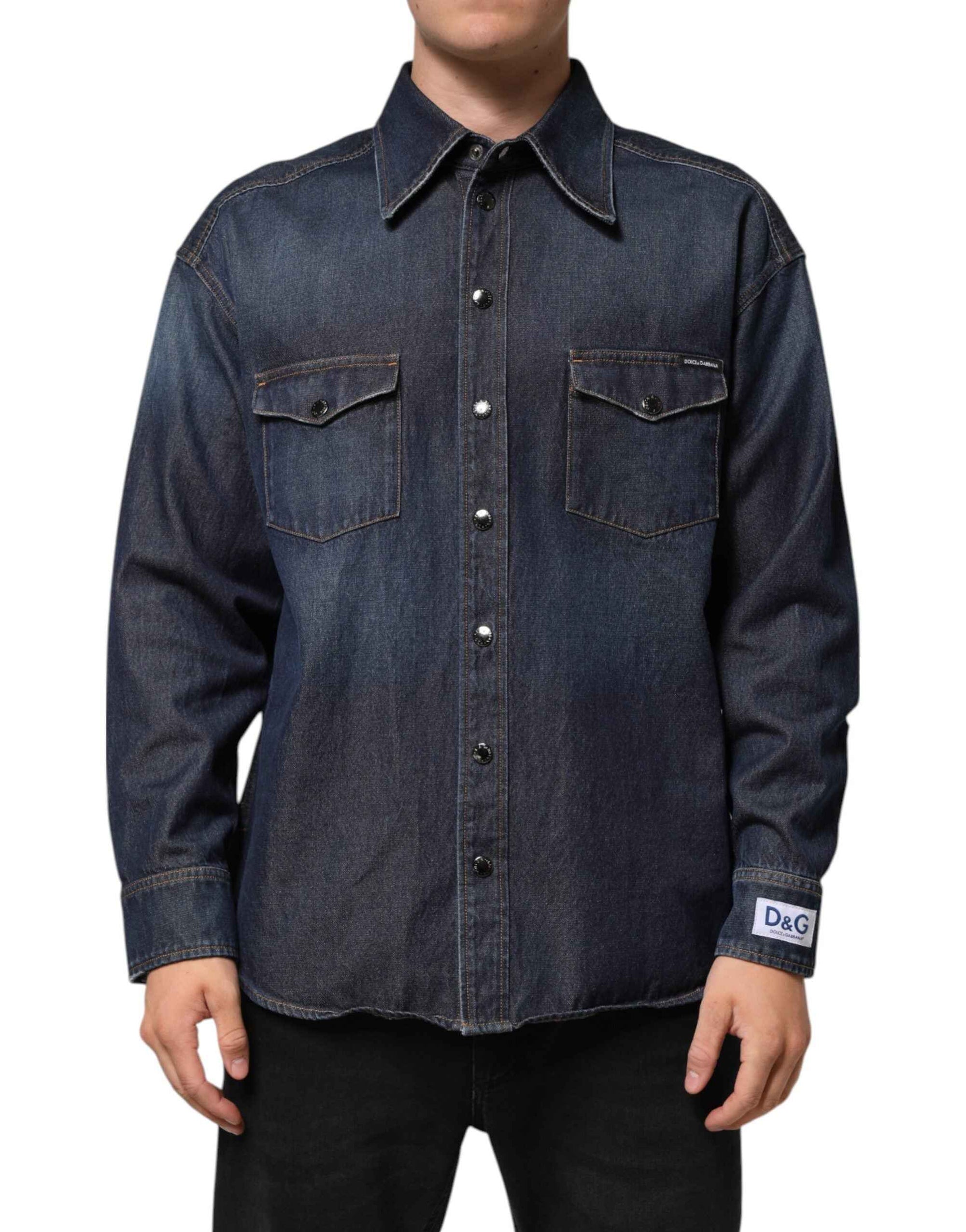 Dolce & Gabbana Blue Denim Button Casual Logo Patch Men Shirt