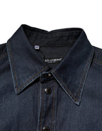 Dolce & Gabbana Blue Denim Button Casual Logo Patch Men Shirt