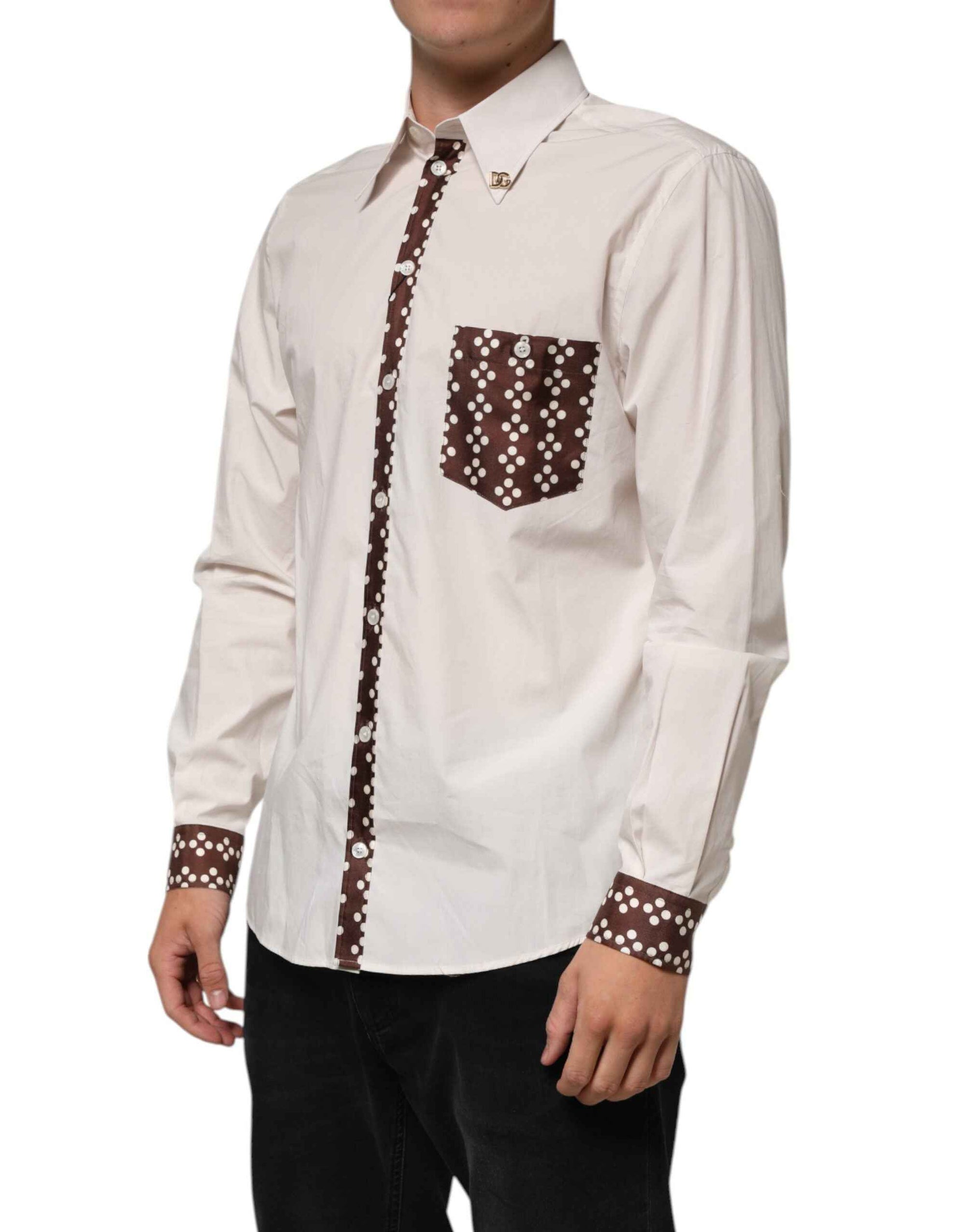 Dolce & Gabbana Cream White Cotton Polka Dot Slim Fit Shirt