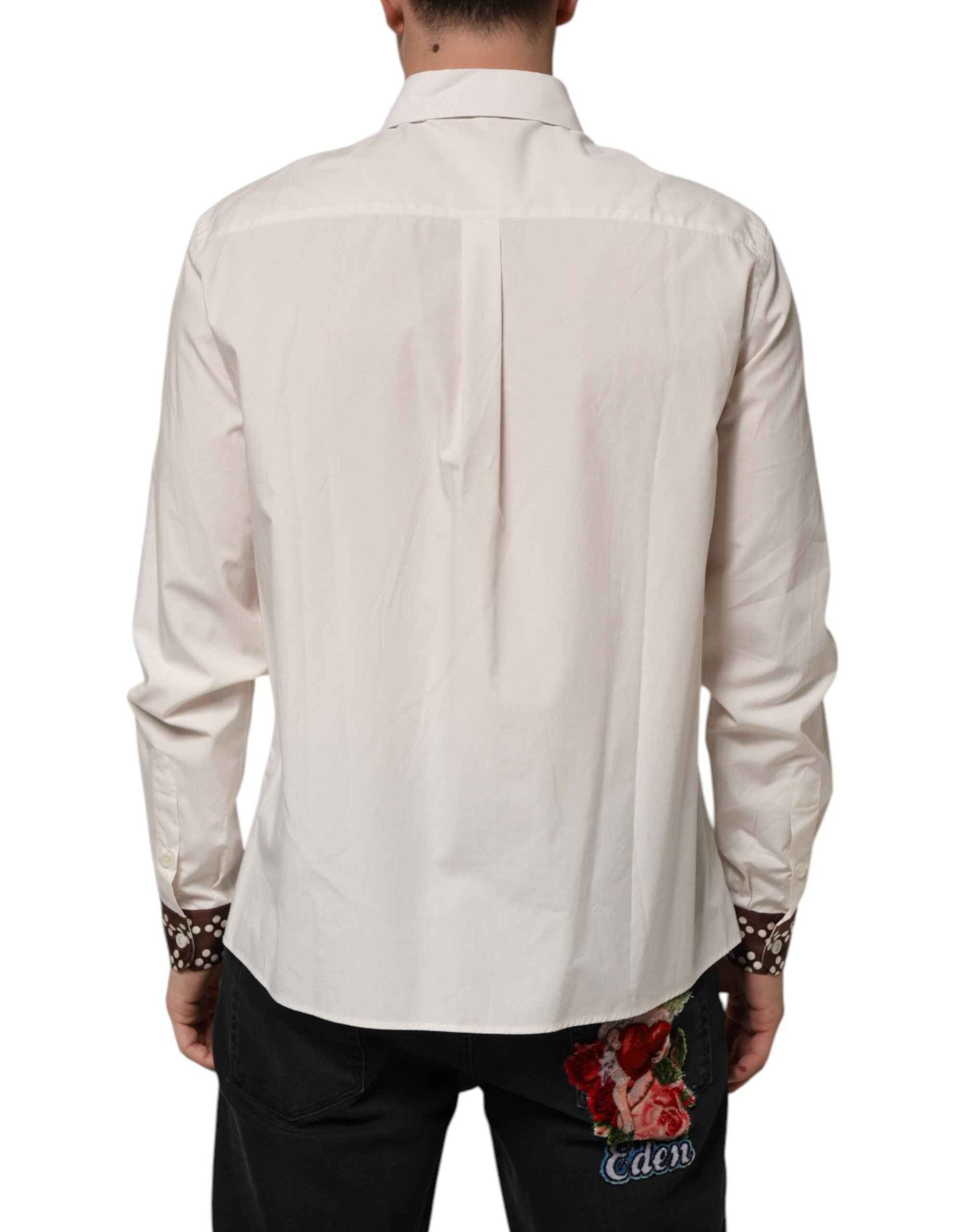 Dolce & Gabbana Cream White Cotton Polka Dot Slim Fit Shirt