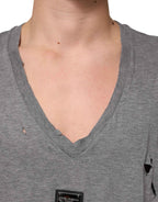 Dolce & Gabbana Gray Cotton Tattered Logo Patch Men T-shirt
