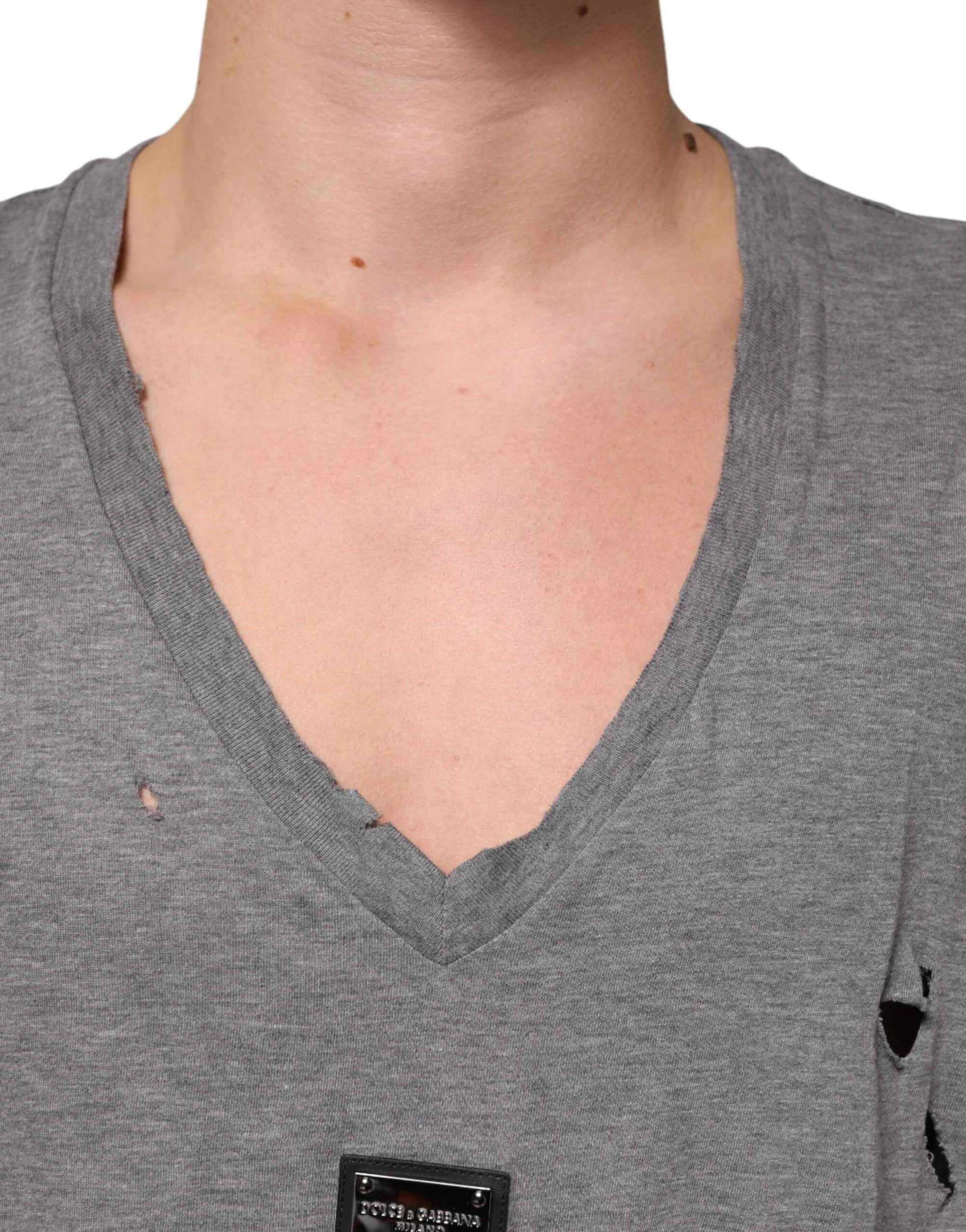 Dolce & Gabbana Gray Cotton Tattered Logo Patch Men T-shirt