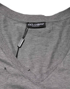 Dolce & Gabbana Gray Cotton Tattered Logo Patch Men T-shirt