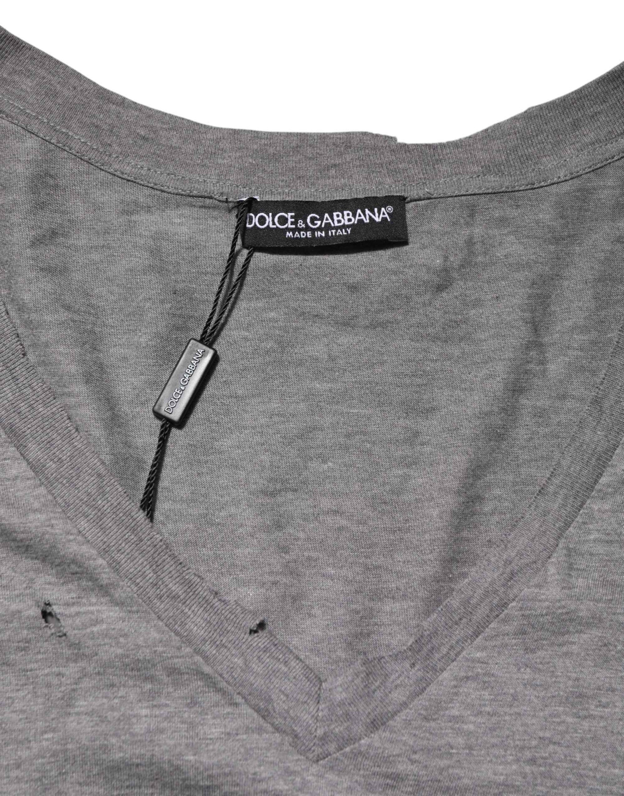 Dolce & Gabbana Gray Cotton Tattered Logo Patch Men T-shirt