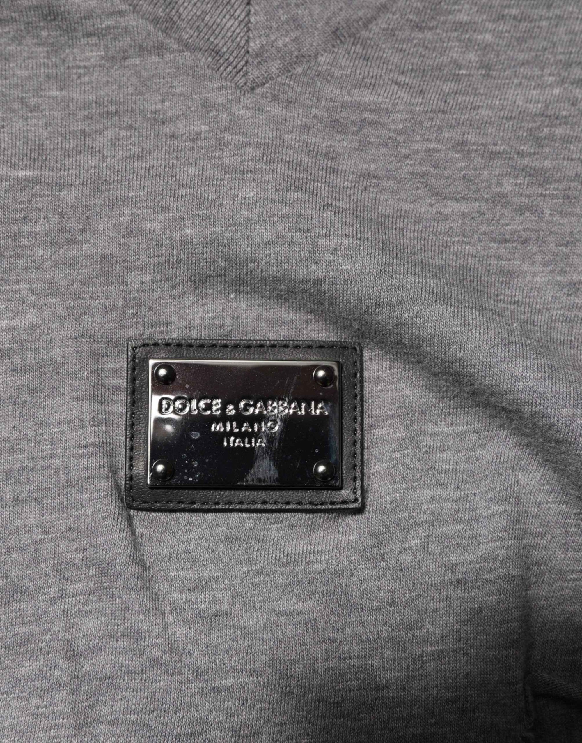 Dolce & Gabbana Gray Cotton Tattered Logo Patch Men T-shirt