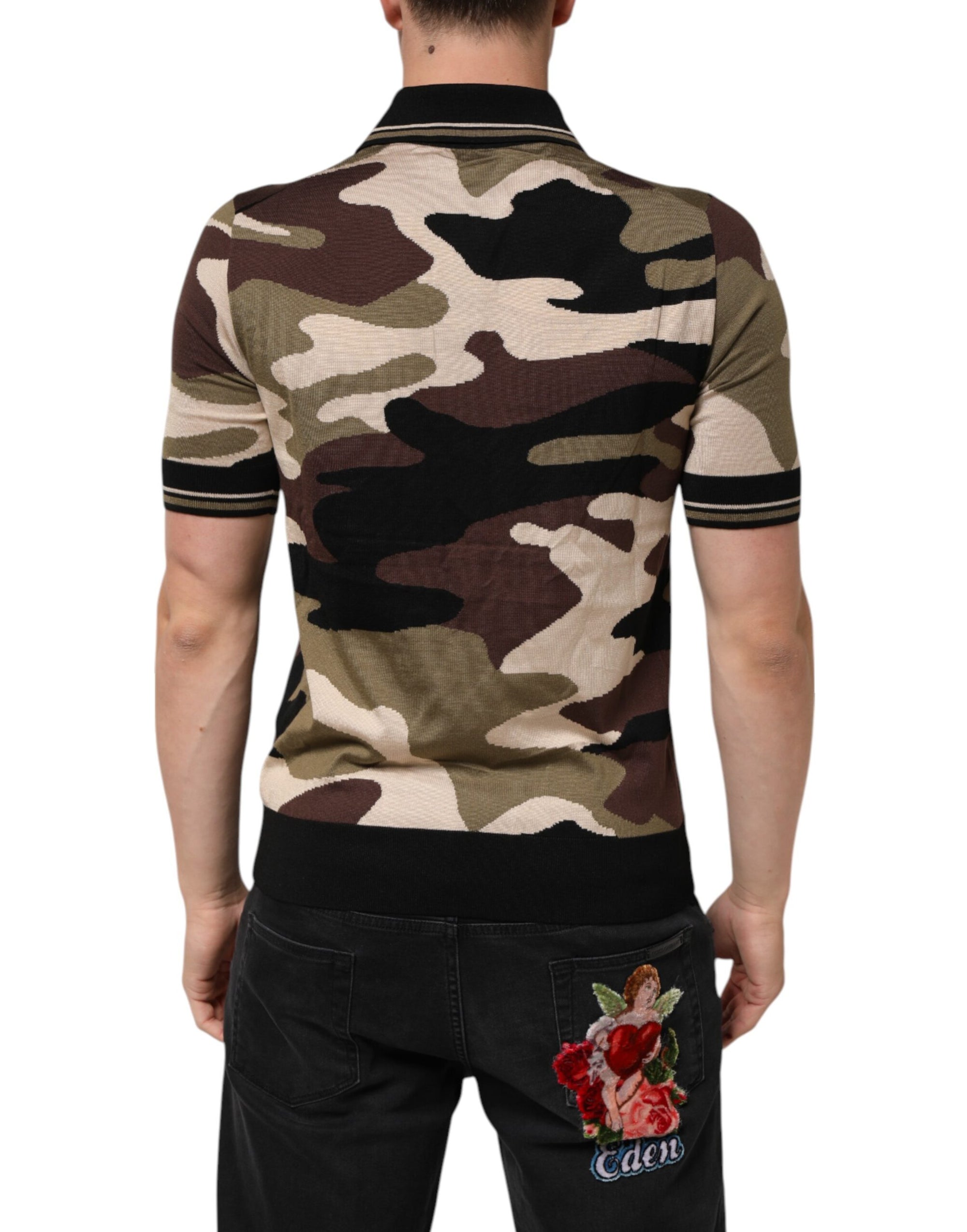 Dolce & Gabbana Camouflage Brown Silk MilitaryPolo T-shirt