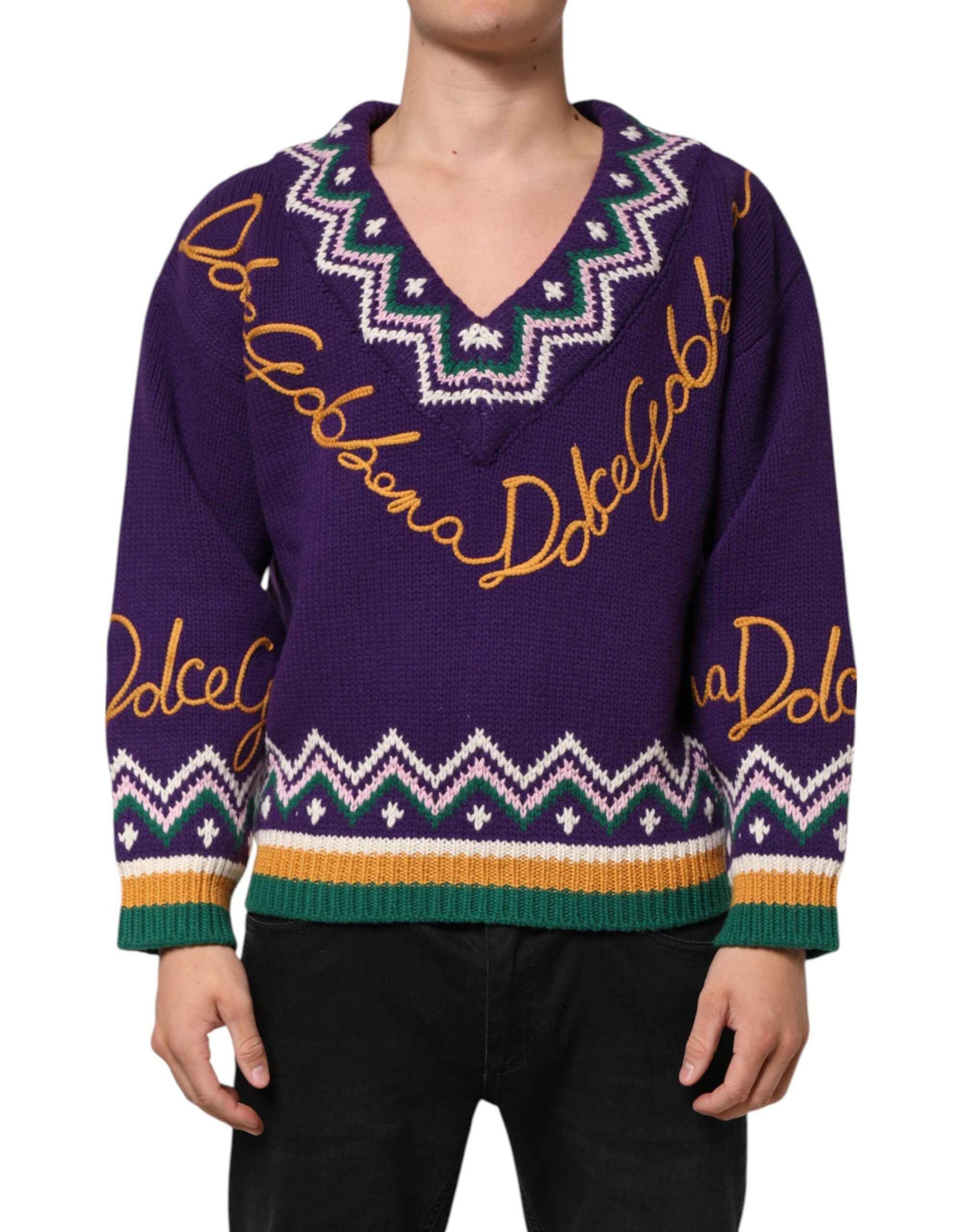 Dolce & Gabbana Purple Wool DG Logo Men Knit Pullover Sweater