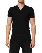 Dolce & Gabbana Black Cotton Slim Fit Men V-Neck Shirt T-shirt