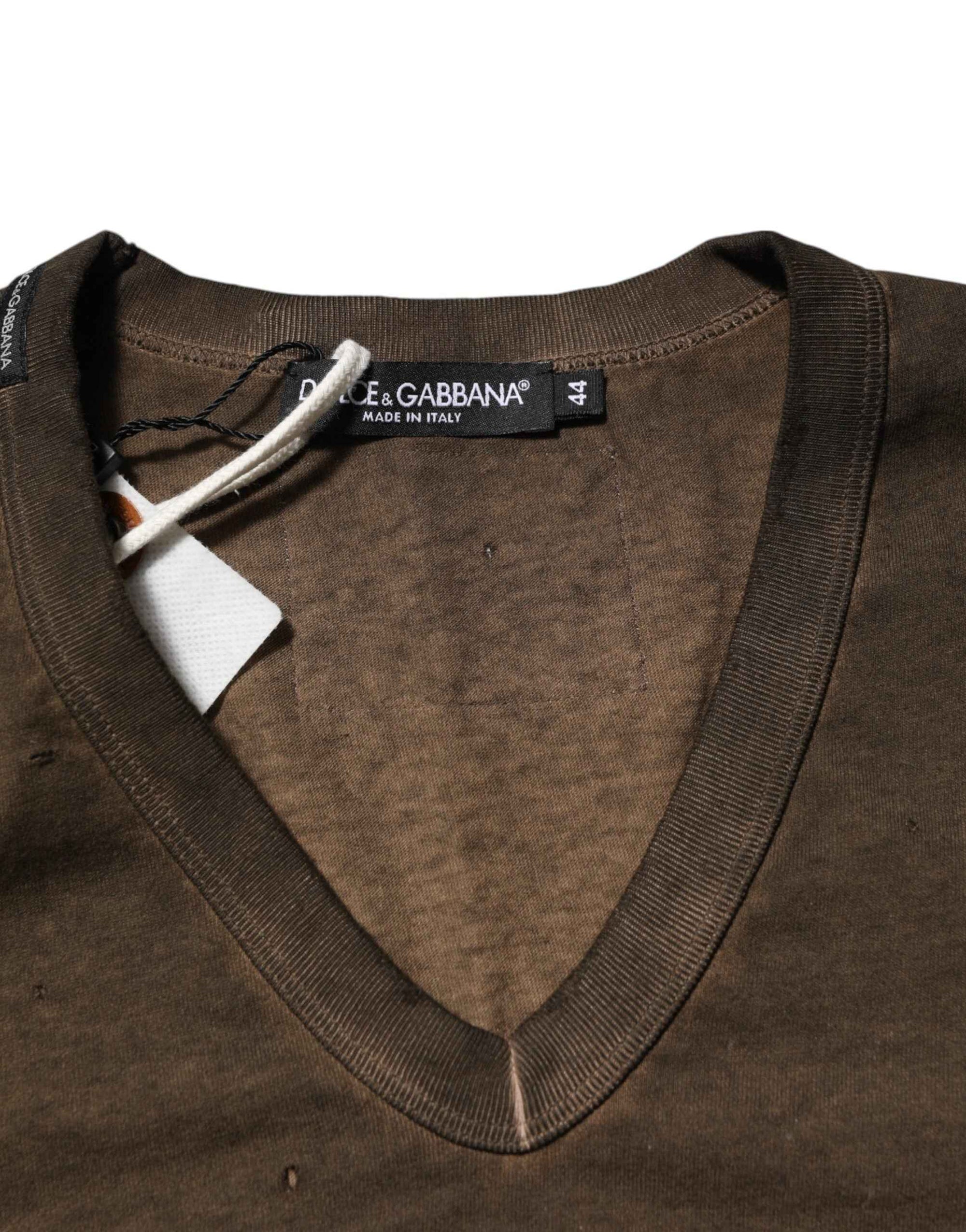 Dolce & Gabbana Dark Brown Cotton Tattered Logo Men T-shirt
