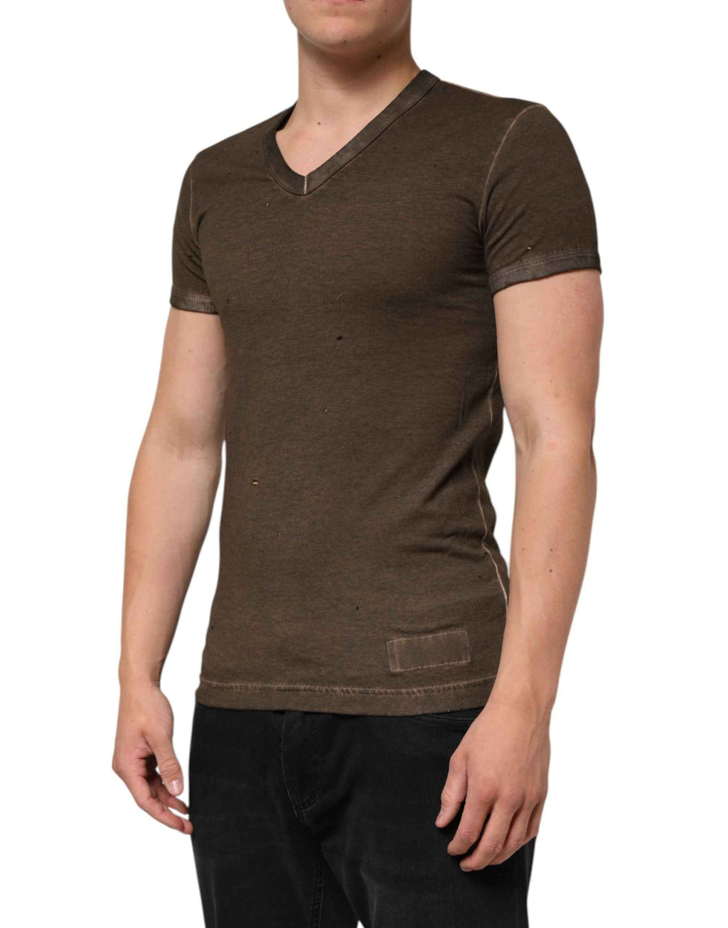 Dolce & Gabbana Dark Brown Cotton Tattered Logo Men T-shirt